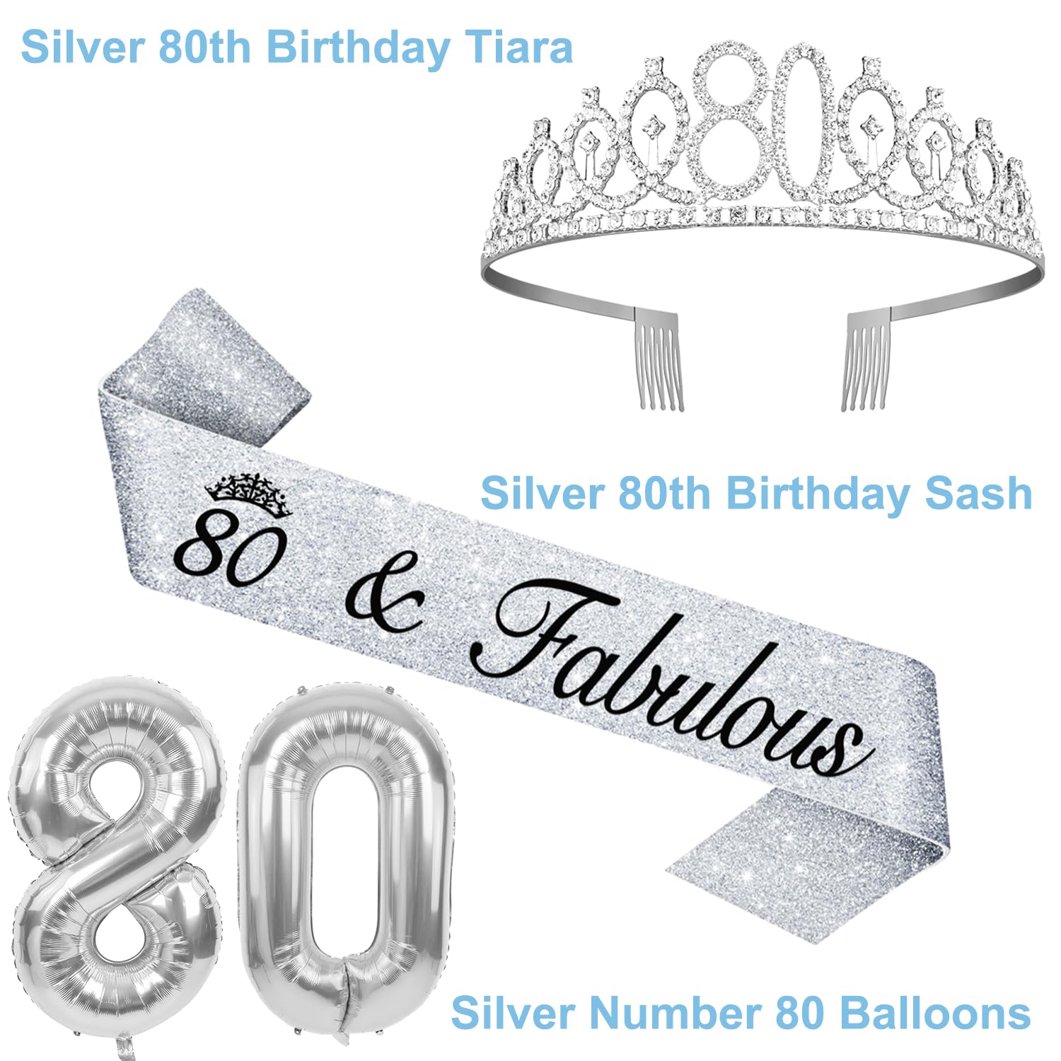 80th Birthday Decorations for Women Silver with 80th Birthday Sash and Crown, Cake Topper and Candles, Silver Number Balloons, 8
