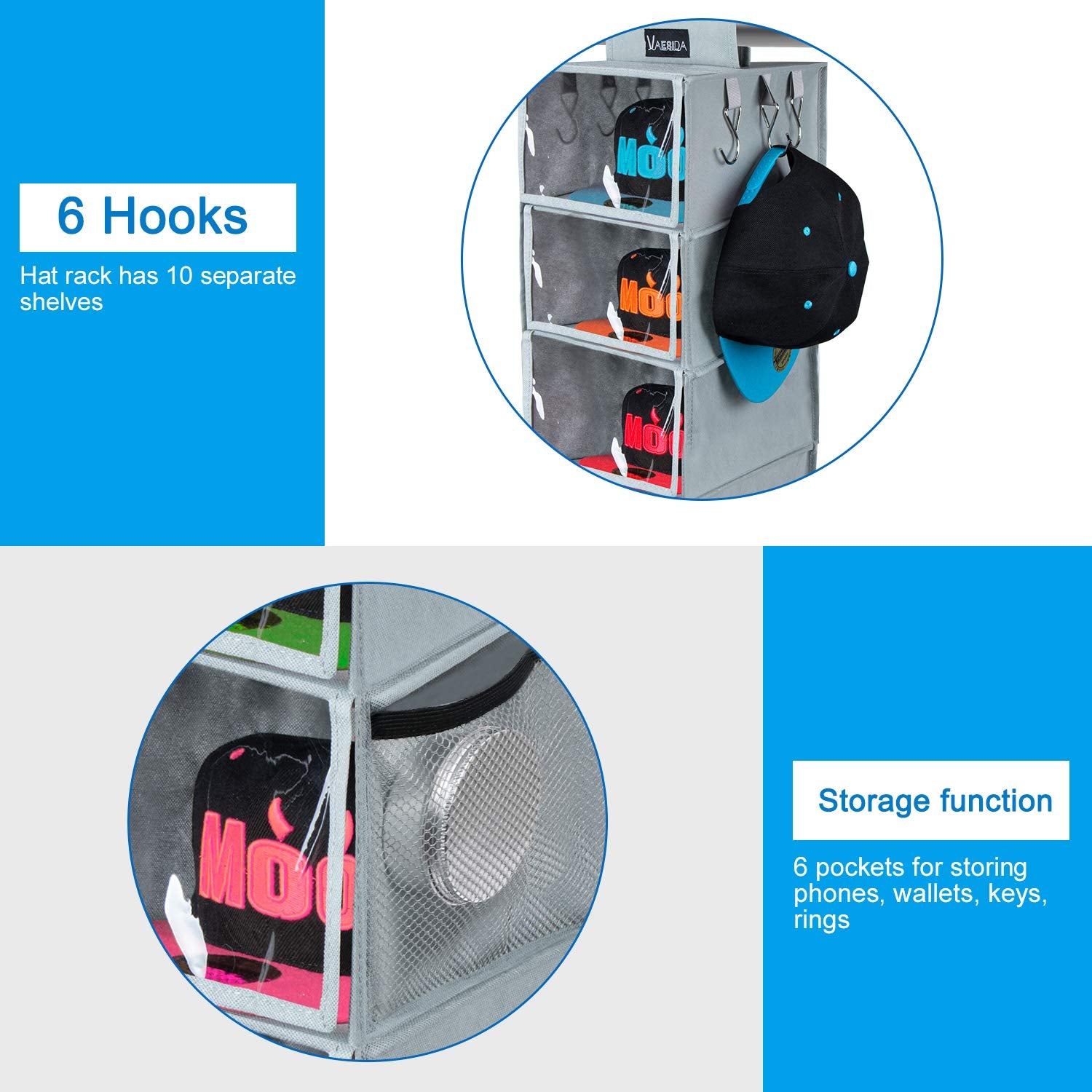 VAESIDA Hat Rack - 10 Shelf Upgraded Version Hat Organizer for Closet with Dust Shield & Side Mesh Storage Pockets - Hat Holder & Hat Racks for Baseball Caps