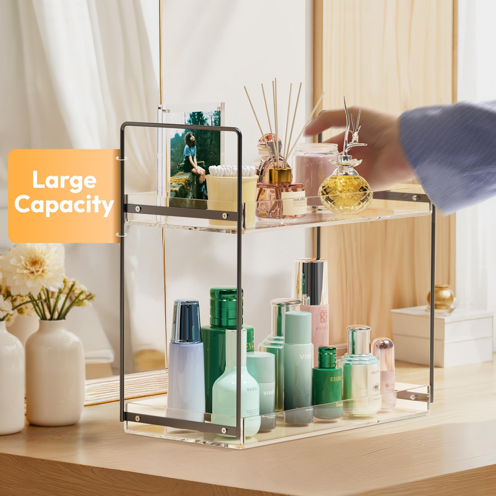 NPPLUS Bathroom Countertop Organizer  2 Tier Acrylic Tray Vanity Counter Skincare Organizer Shelf  Home Storage Holder for Lotion Makeup Cosmetics Perfume Spice  Black+Clear