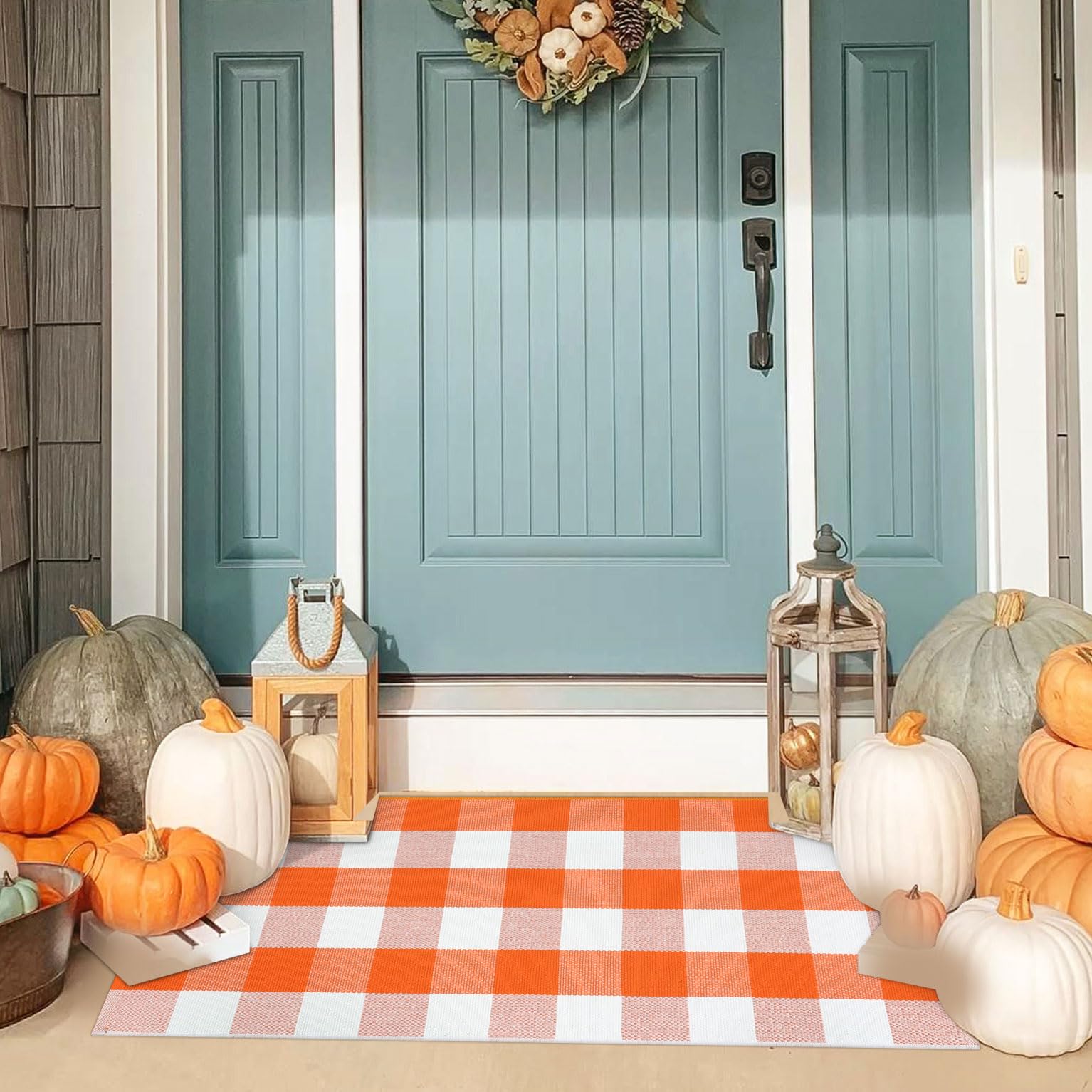 KIMODE Halloween Door Mat Outdoor 27.5 x43 , Fall Decor Buffalo Plaid Outdoor Rug,Farmhouse Checkered Layered Welcome Door Mat f