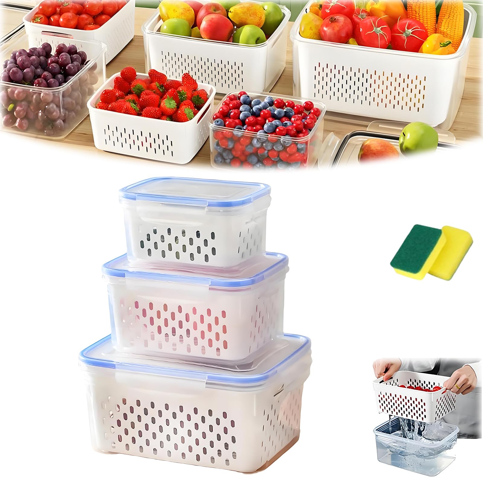 4 In 1 Food Storage Container, Fruit Storage Containers For Fridge, Produce Storage Containers With Lid And Strainer, Including 