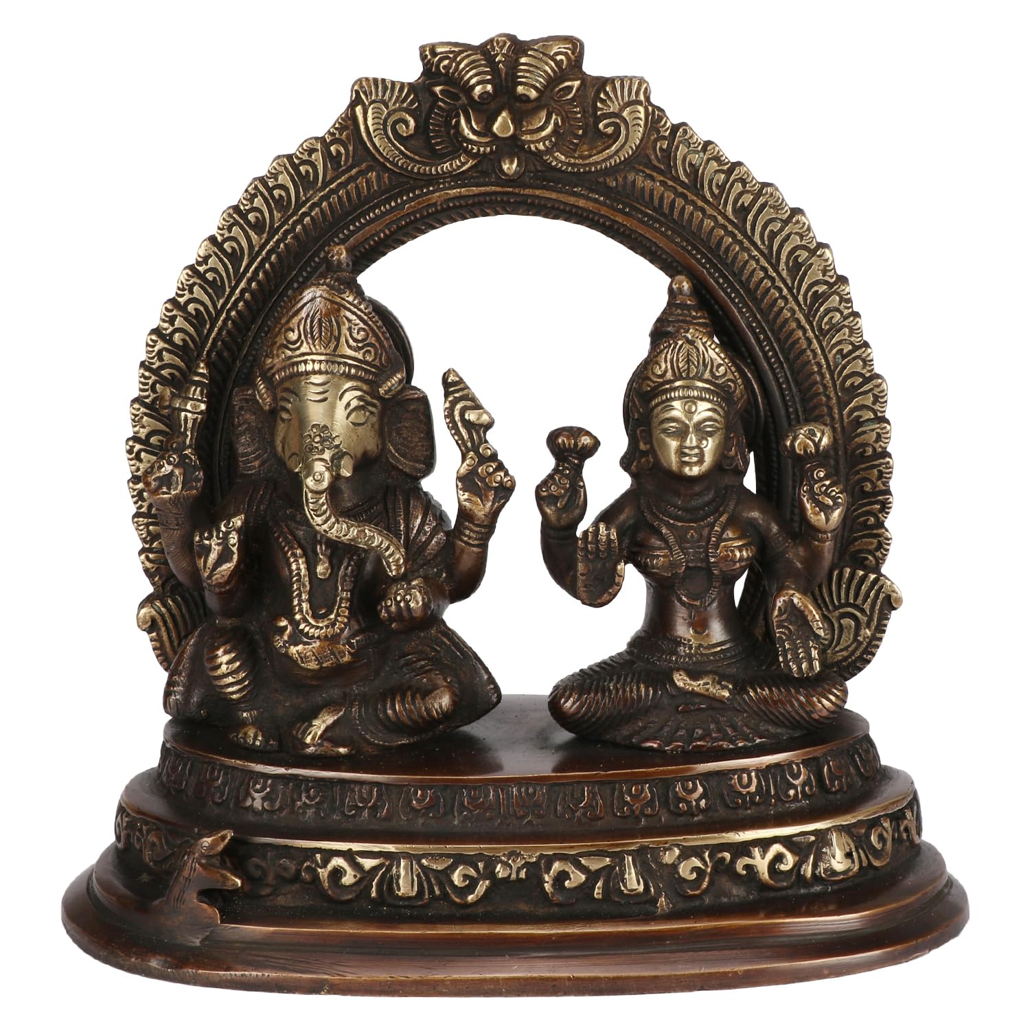 Kartique 7-Inch Brass Lakshmi Ganesh Idol Set With Intricate Arch Design, Bronze Finish, Ideal For Home Decor And Pooja Room