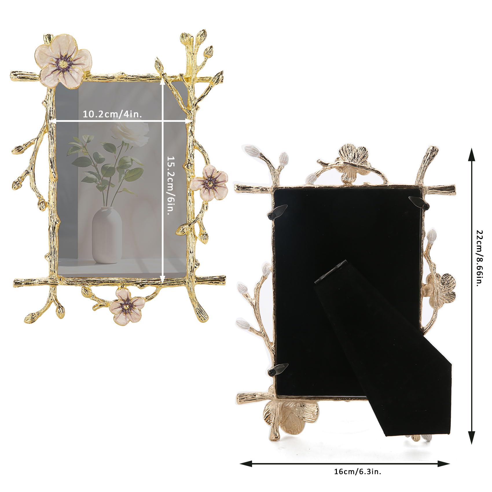 Goutangen 4x6 Gold Picture Frame Decor Ornate Pink Floral Metal Photo Frames with High Definition Glass Front, Art Decor Tableto