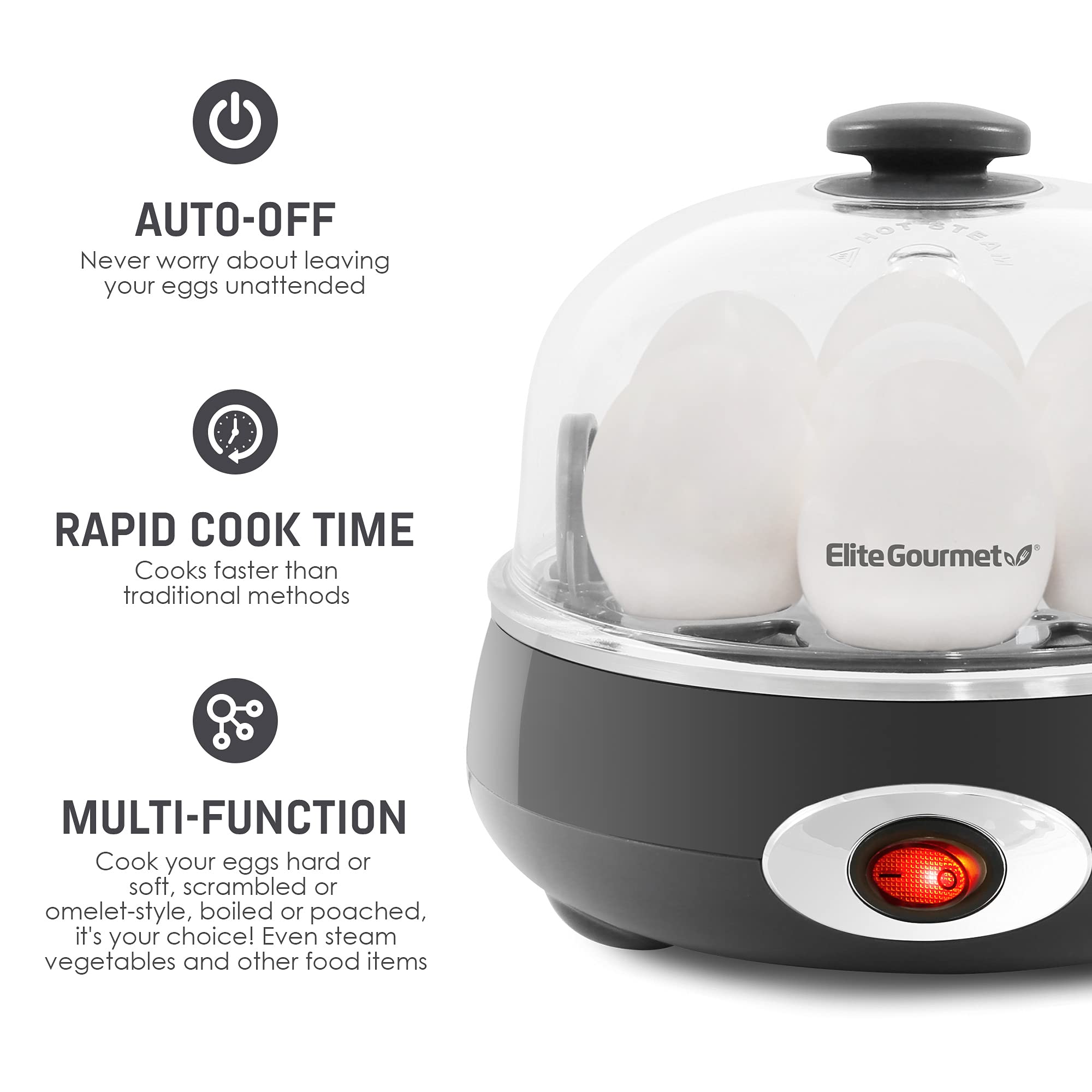 Elite Gourmet Egc007Chc# Rapid Egg Cooker, 7 Easy-To-Peel, Hard, Medium, Soft Boiled Eggs, Poacher, Omelet Maker, Auto Shut-Off,