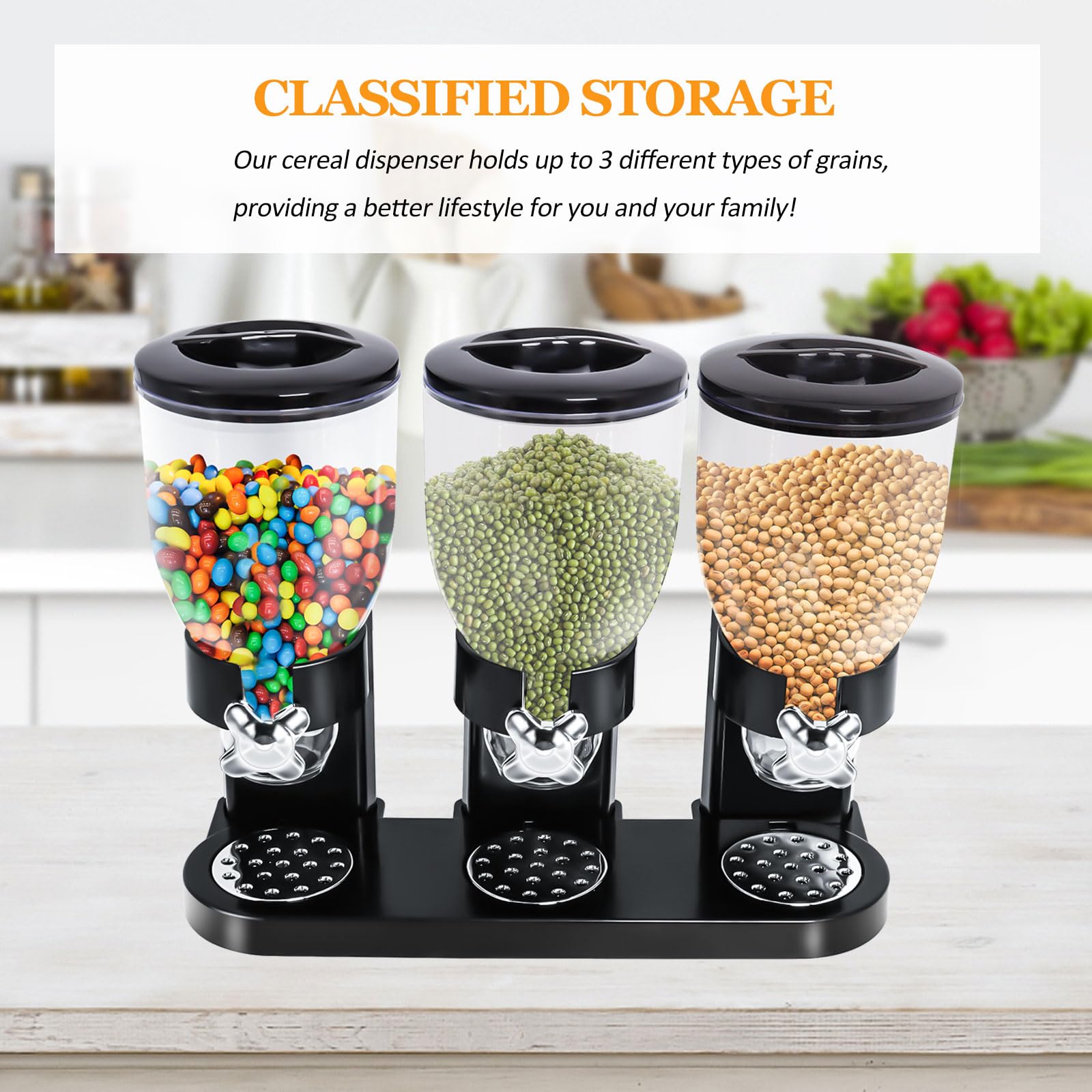 Cereal Dispenser Countertop, Large Capacity Cereal Dispenser For Pantry, Triple Dry Food Dispenser Cereal Containers Storage Dis
