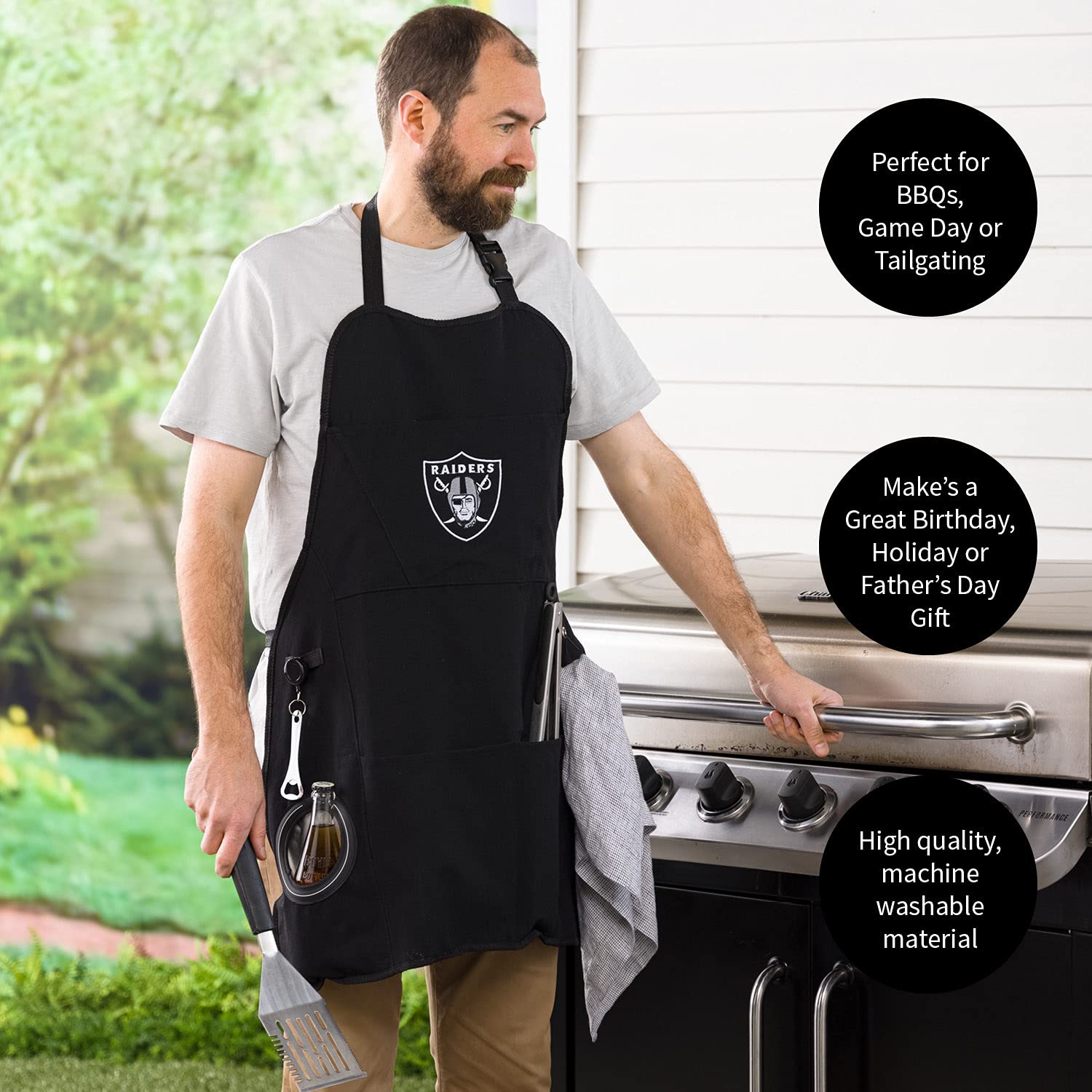 Team Sports America NFL Las Vegas Raiders Ultimate Grilling Apron  Bottle Opener and Insulated Beverage Holder  Heavy Duty Durable Cotton Canvas 300 GSM  Machine Washable  Adjustable Straps