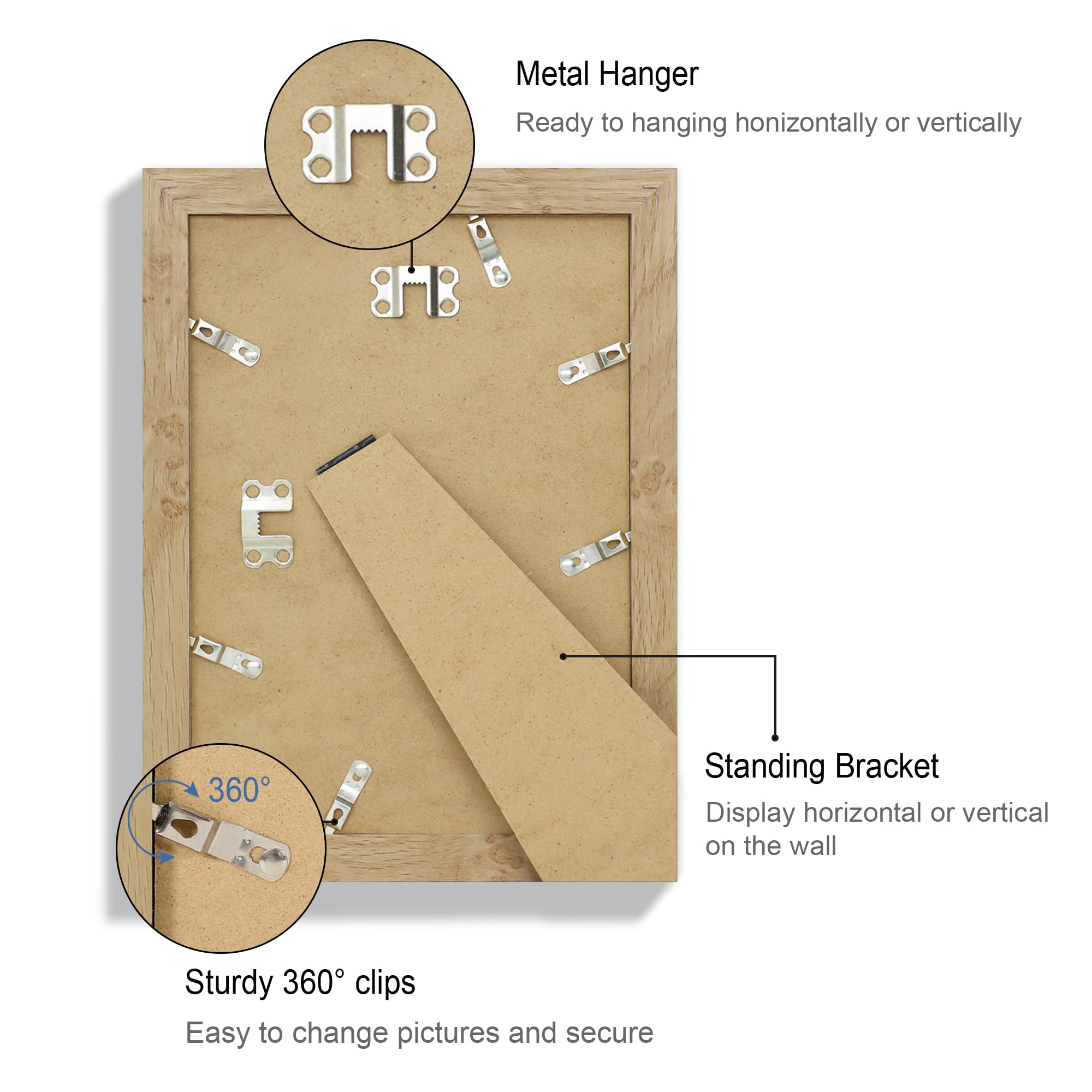 Hongkee 7x10 Picture Frame Set of 4, Made of Real Glass and Natural Oak Frame - Display Picture 5.5x8.5 with Mat or 7x10 Without