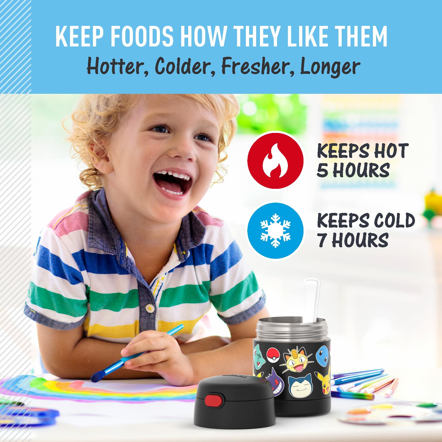 Thermos Funtainer 10 Ounce Stainless Steel Vacuum Insulated Kids Food Jar With Spoon, Pokemon