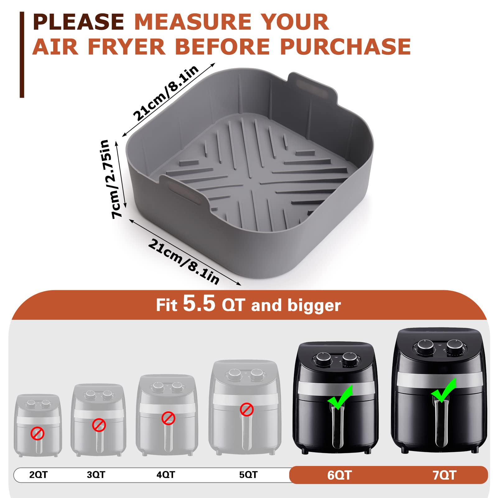 Palksky Silicone Air Fryer Basket Liners - 2Pcs Reusable Pots, 8.5 Inch Square, Food Safe Oven Accessories