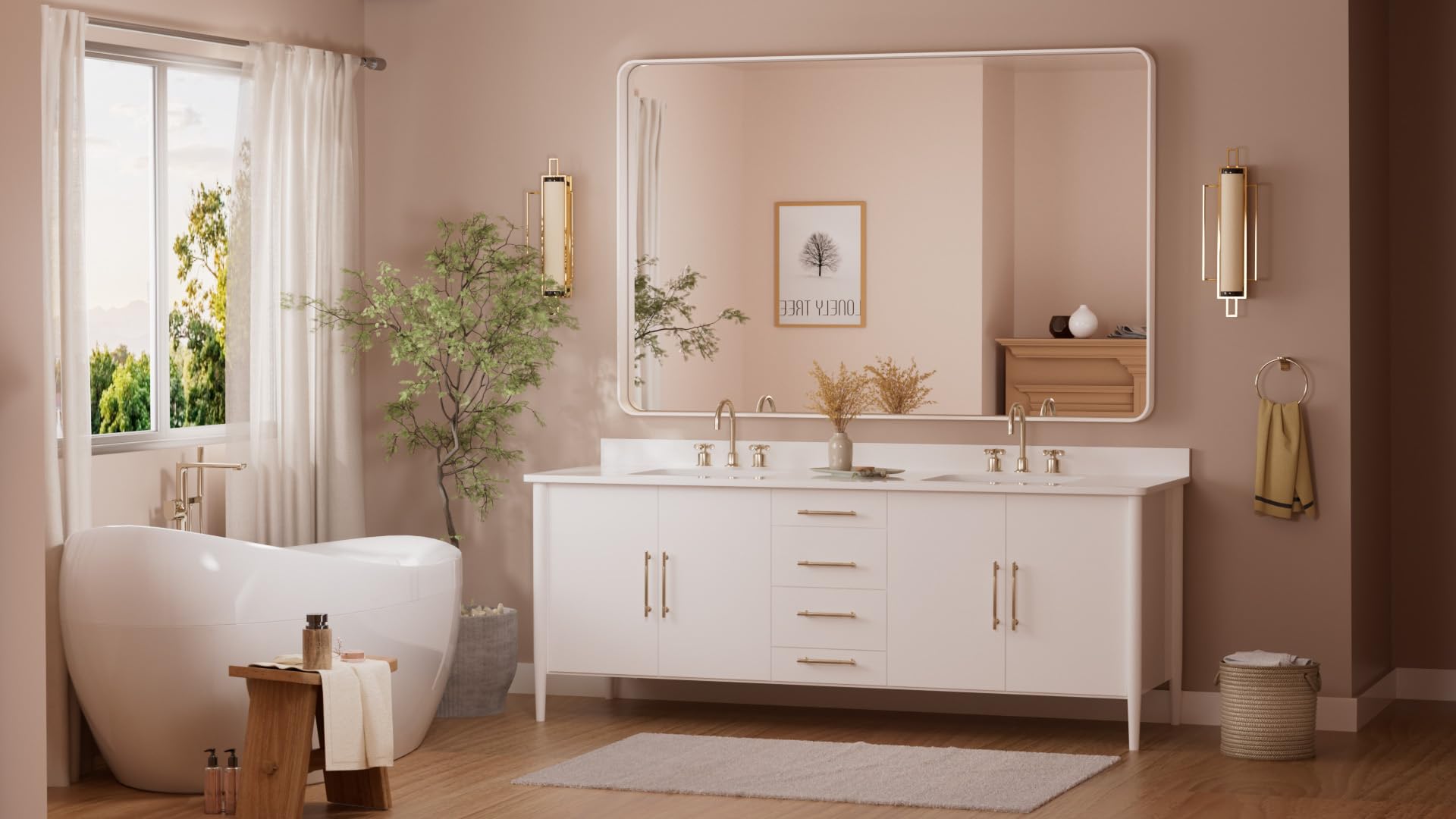 Tetote White Framed Mirror For Bathroom 60 X 36 Metal Frame Wall Mounted Rectangle Mirror For Vanity With Sandy Textured Surface