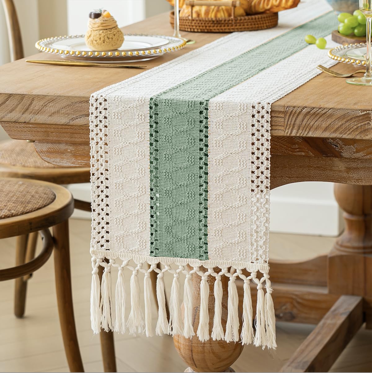 FEXIA Boho Table Runner for Home Decor with Tassels 60 Inches Long,Sage Green Farmhouse Rustic Table Runner Macrame Burlap Table