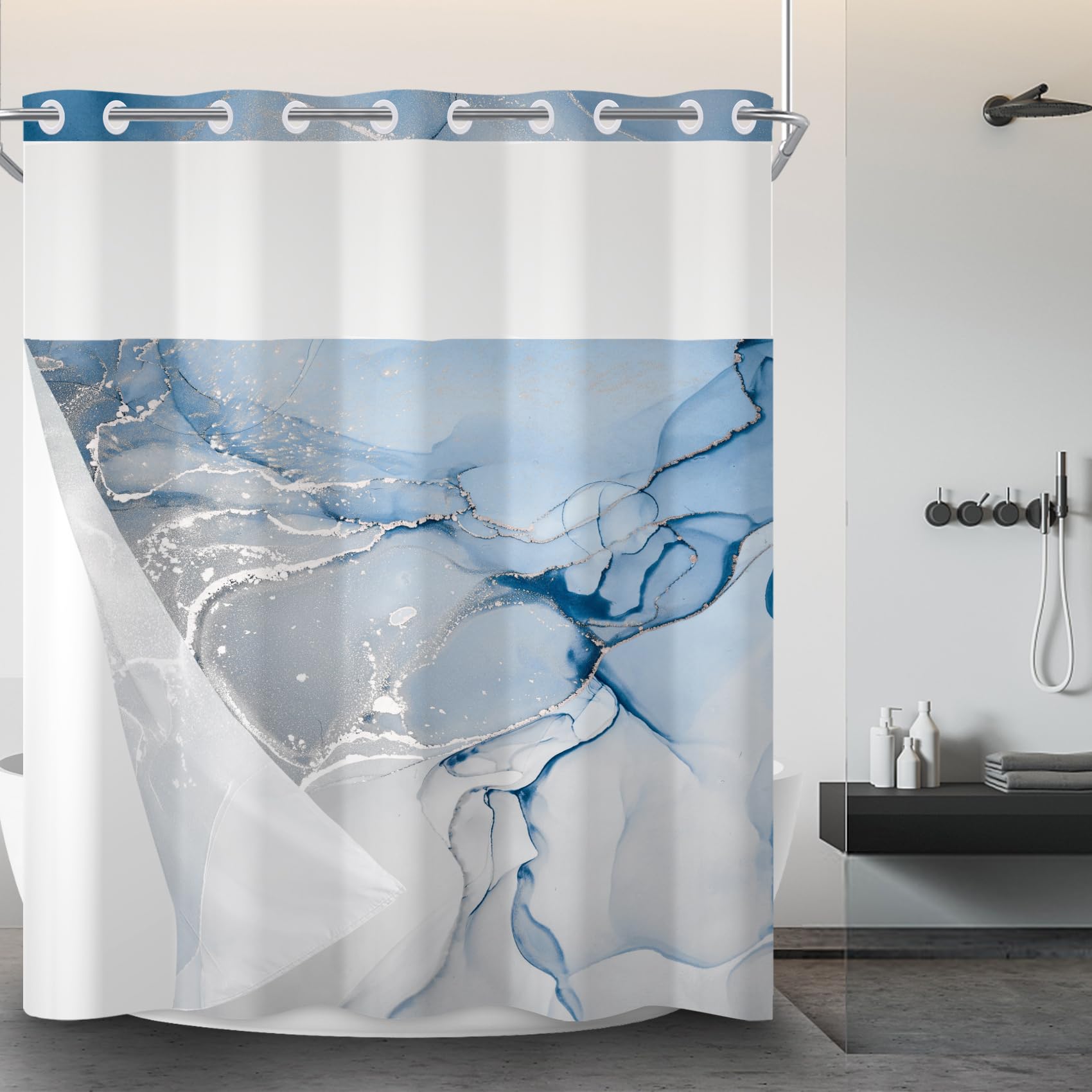Awert No Hook Shower Curtain With Snap In Liner Blue Marble Shower Curtain And Liner Set Double Layers Waterproof Fabric And See