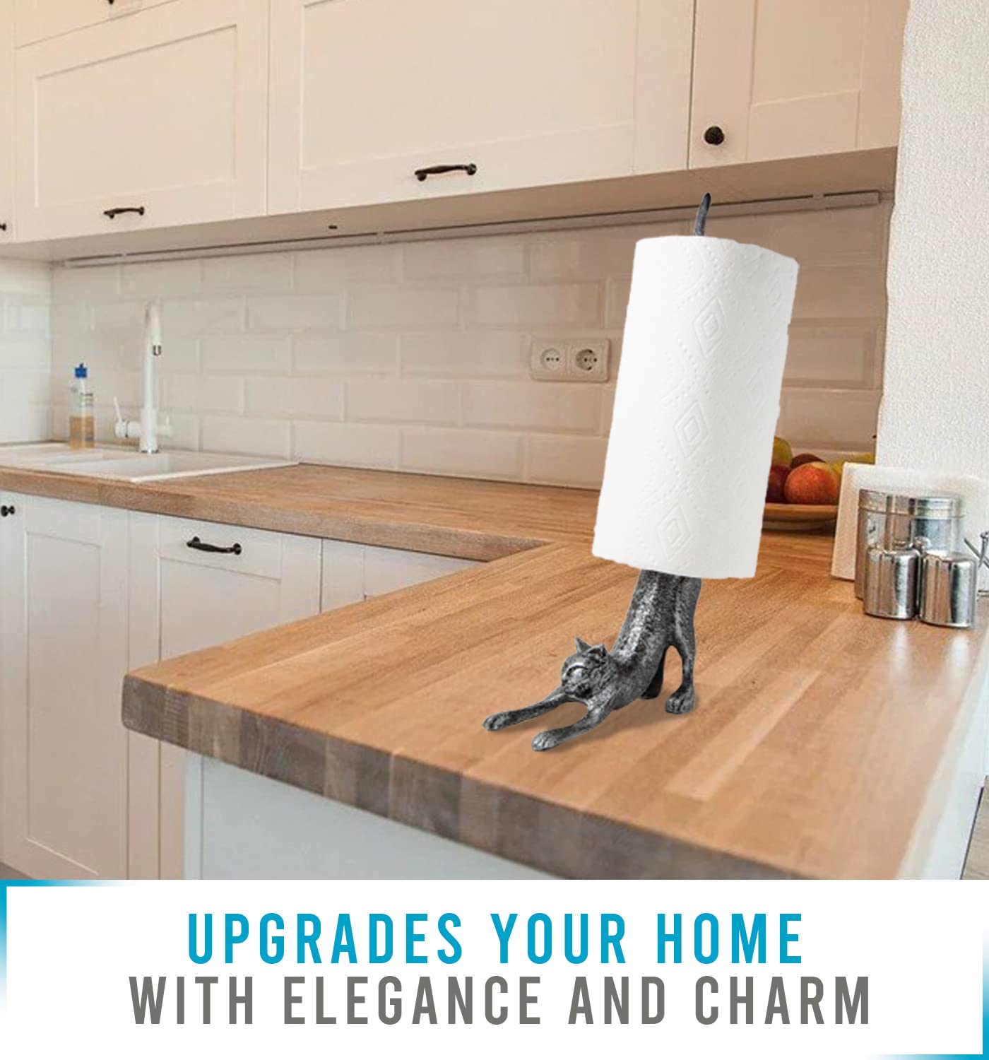 Yoga Cat Decorative Paper Towel Holder or Toilet Paper Holder by Comfify - Adorable Downward Dog Pose Kitty- Cast Iron Paper Towel Stand - Antiqued Cast Iron White Color - 19'' - Silver with Black