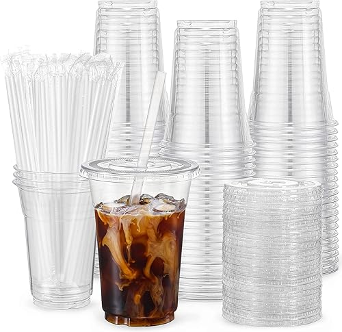 VITEVER [100 Sets - 20oz] Clear Plastic Cups with Lids and Straws  Disposable Cups for Iced Coffee  Smoothie  Milkshake  Cold Drinks