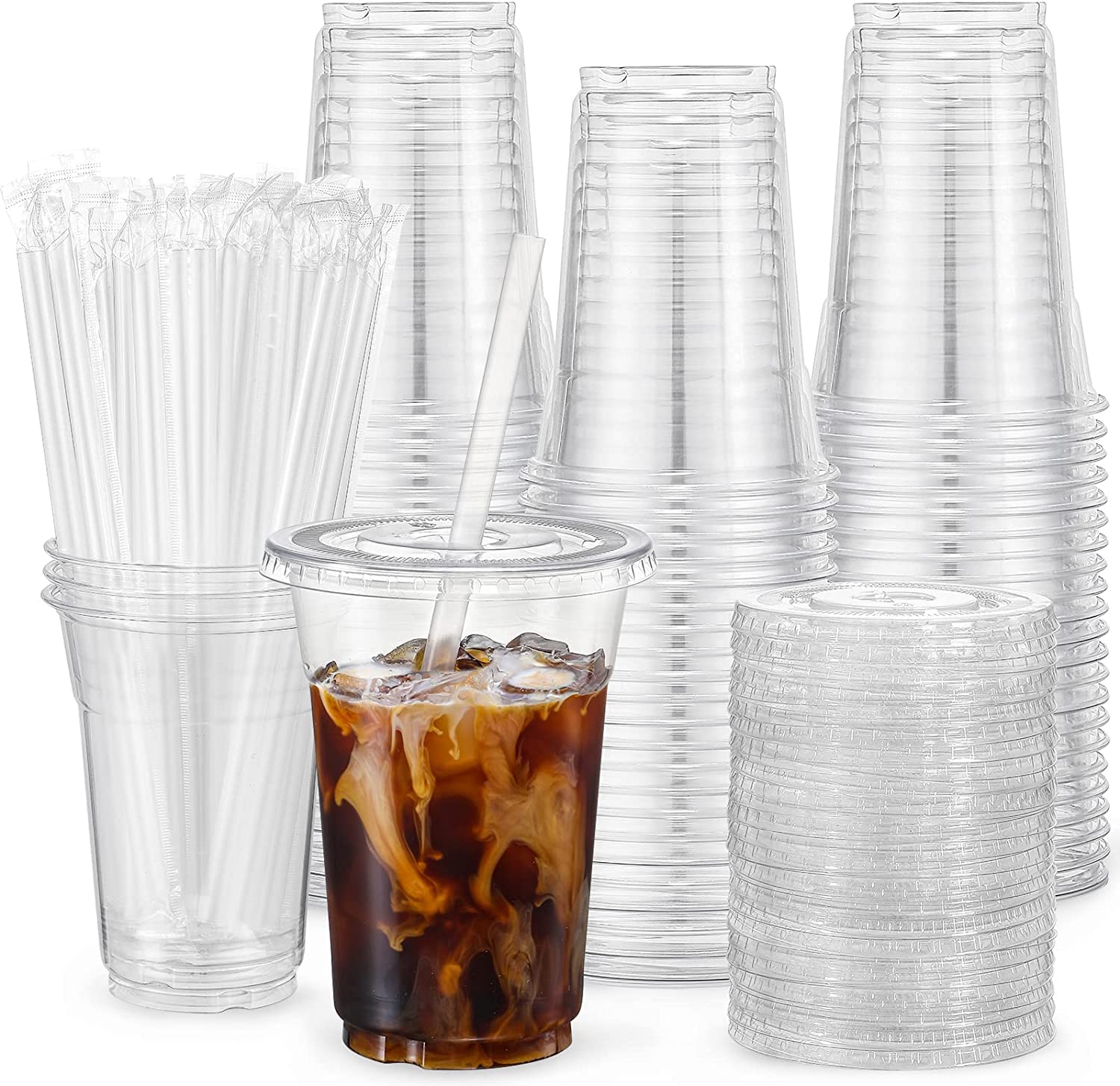 Vitever [100 Sets - 20Oz] Clear Plastic Cups With Lids And Straws, Disposable Cups For Iced Coffee, Smoothie, Milkshake, Cold Dr