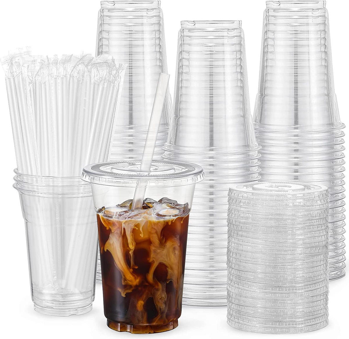 Vitever [100 Sets - 20Oz] Clear Plastic Cups With Lids And Straws, Disposable Cups For Iced Coffee, Smoothie, Milkshake, Cold Dr