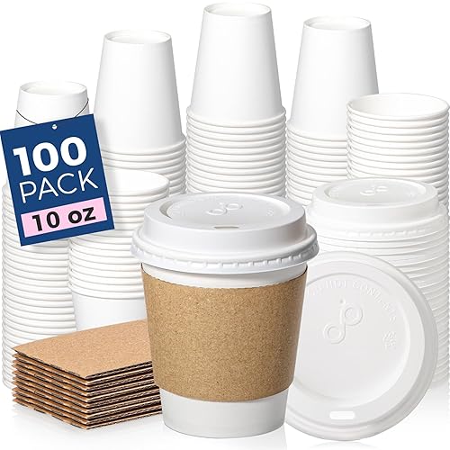Fit Meal Prep 100 Pack 10 oz Coffee Cups with Lids and Kraft Sleeves  Premium Disposable Paper Coffee Cups  Durable Thickened To Go Hot Cups for Party  Hot Beverage  Chocolate  Tea  Cocoa