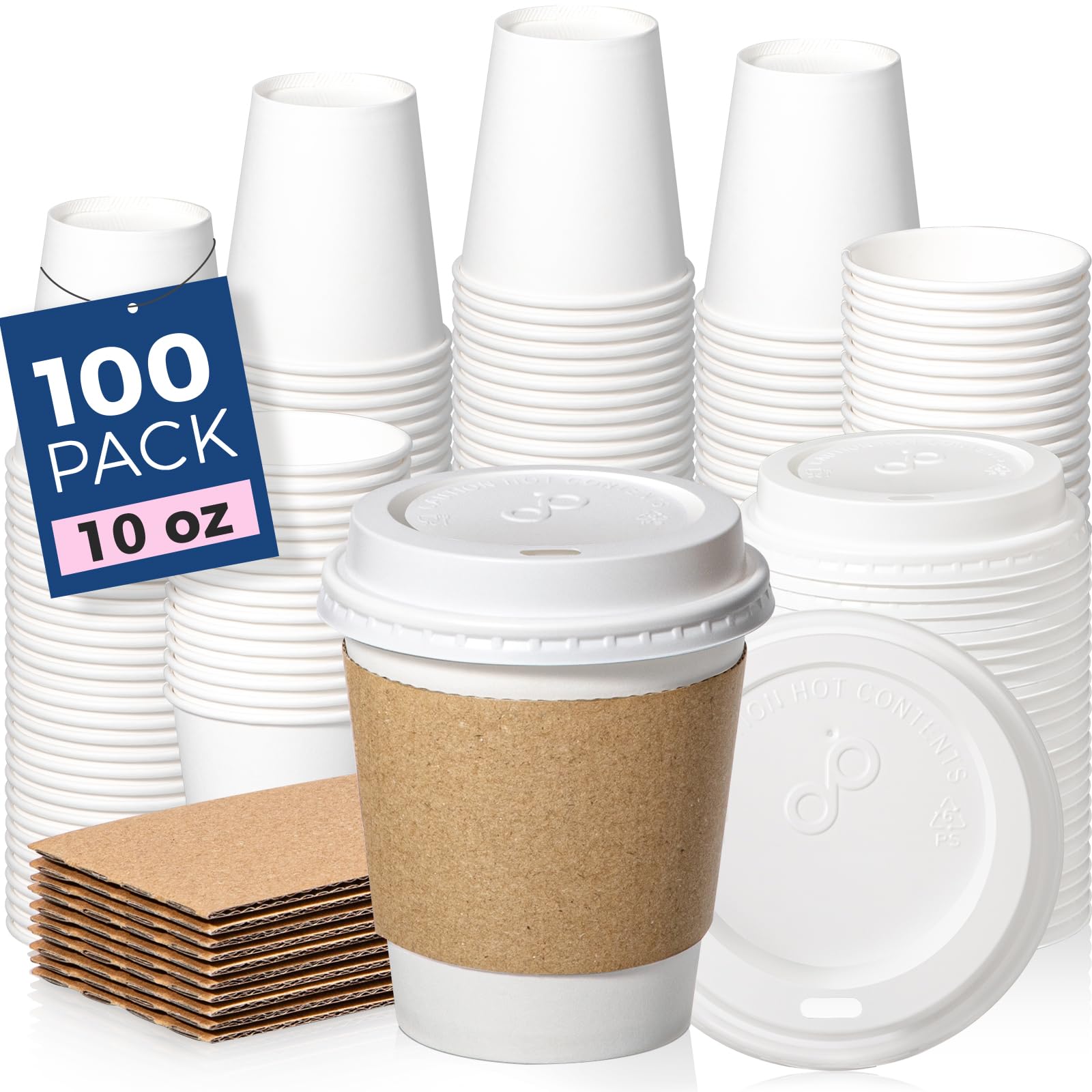 Fit Meal Prep 100 Pack 10 oz Coffee Cups with Lids and Kraft Sleeves  Premium Disposable Paper Coffee Cups  Durable Thickened To Go Hot Cups for Party  Hot Beverage  Chocolate  Tea  Cocoa