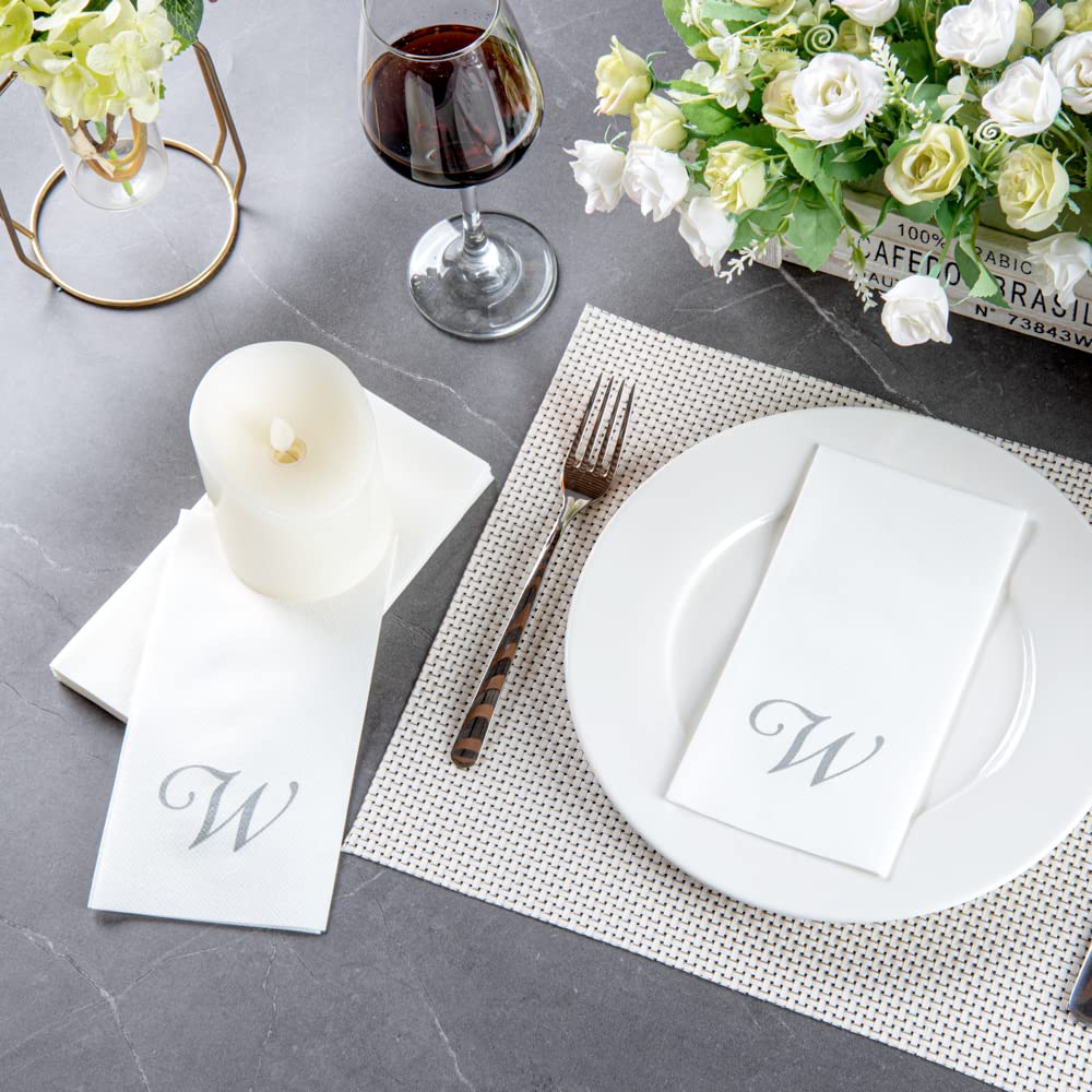 Luxenap 15.8 X 7.9 Inch Linen-Feel Guest Towels, 50 Disposable Striped Hand Towels - Silver Letter 'W', Cursive Font, White Pape