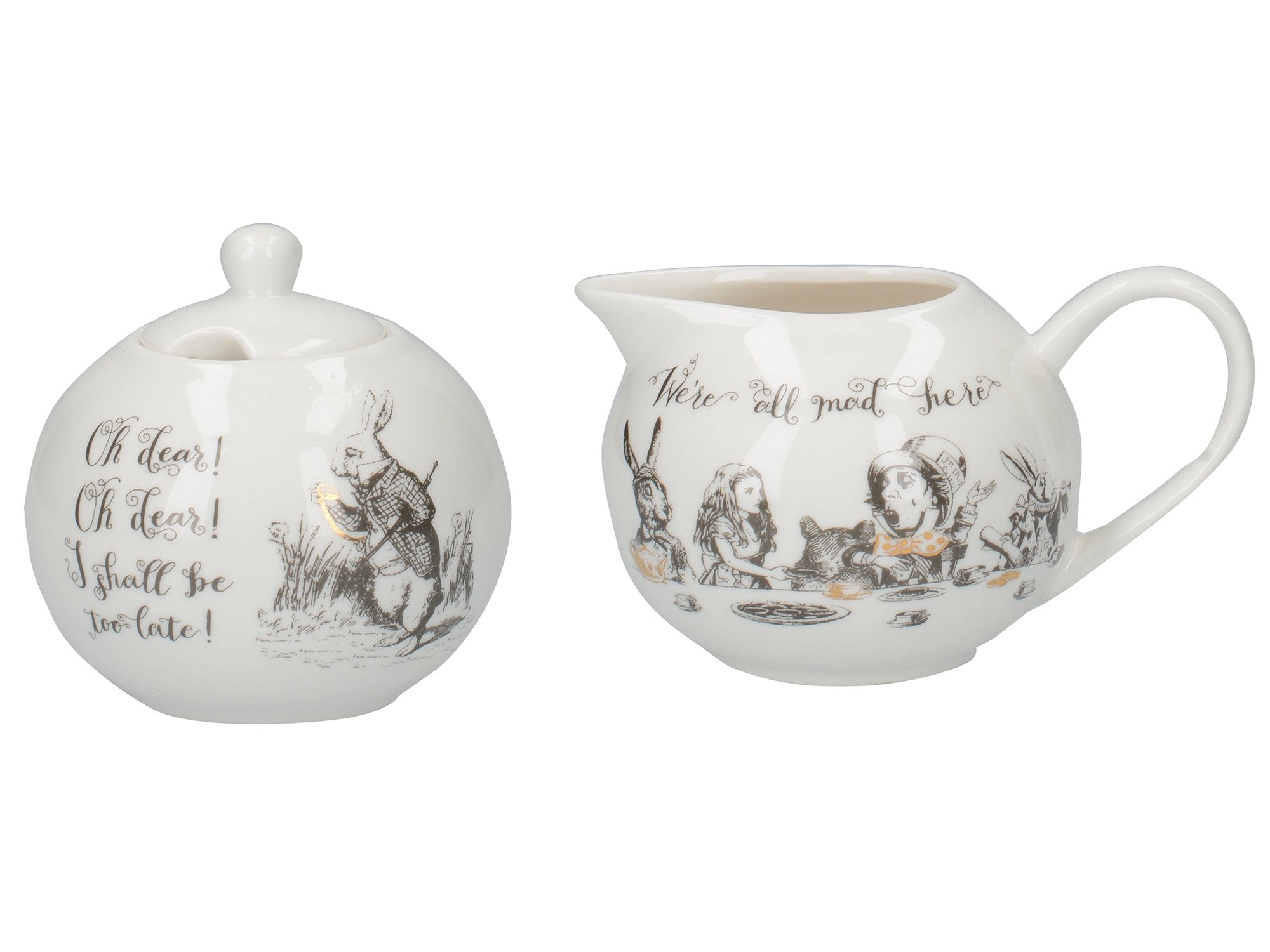 Creative Tops V&A Alice In Wonderland Milk Jug And Sugar Bowl Set With Decorative Illustrations, 18 X 7.5 X 7 Cm, White, 2 Count