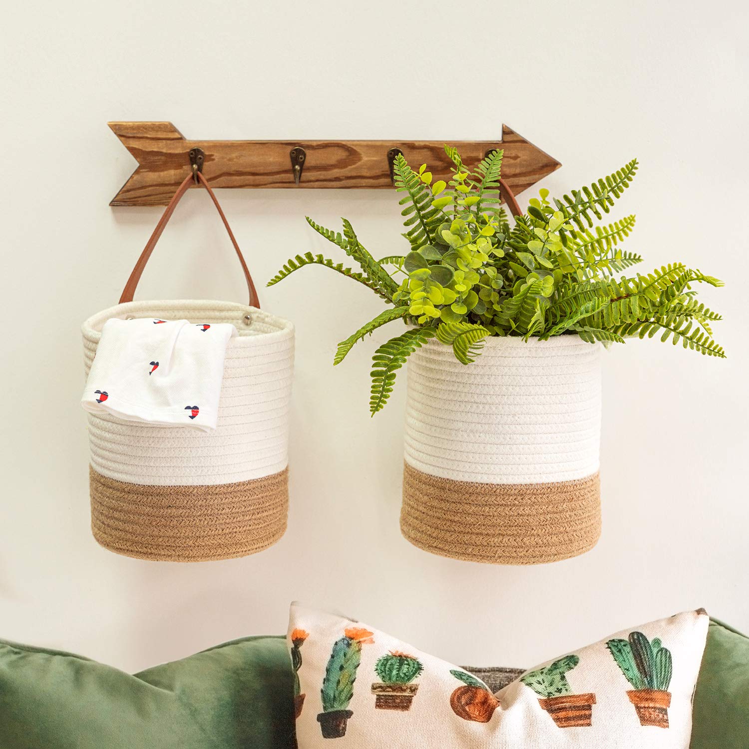 Goodpick 2Pack Jute Rope Hanging Basket - Small Woven Fern Wall Hanging Basket Flower Plants, Jute Woven Basket Key Storage Bask