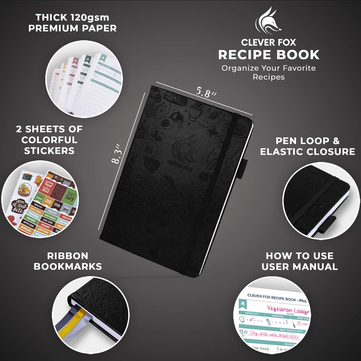 Clever Fox Recipe Book - Make Your Own Family Cookbook & Blank Recipe Notebook Organizer  Empty Cooking Journal to Write in Recipes  A5 Hardcover  Stores 60 Recipes - Black