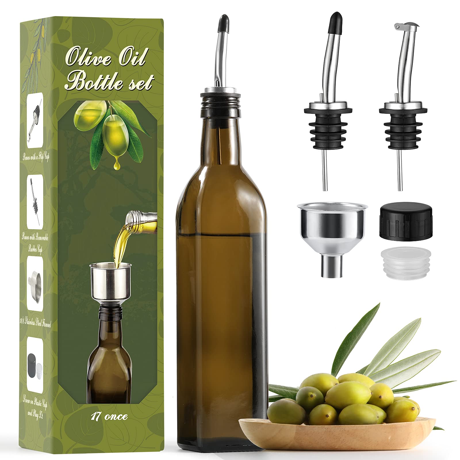 AOZITA 17oz Glass Olive Oil Dispenser - Oil and Vinegar Cruet Bottle with Stainless Steel Pourers - Funnel For Easy Refill - Oli