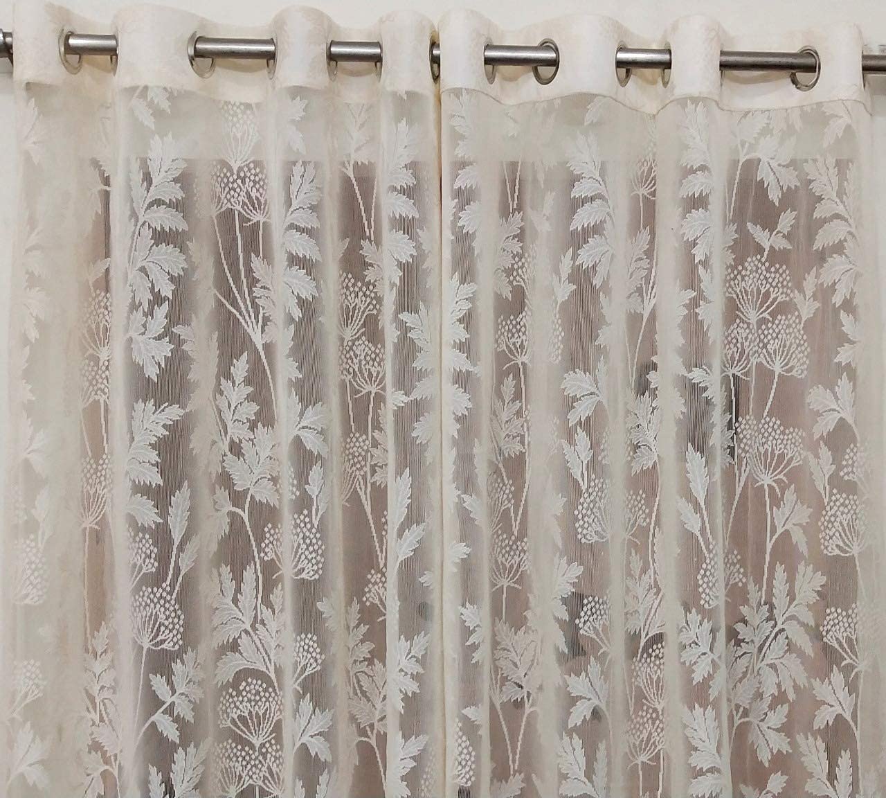 Honger Polyester Beautiful Floral Design Imported Net Tissue Pack Of 2 Pecs White 4 X 7 Feet Door Curtains, Semi Sheer, Eyelet