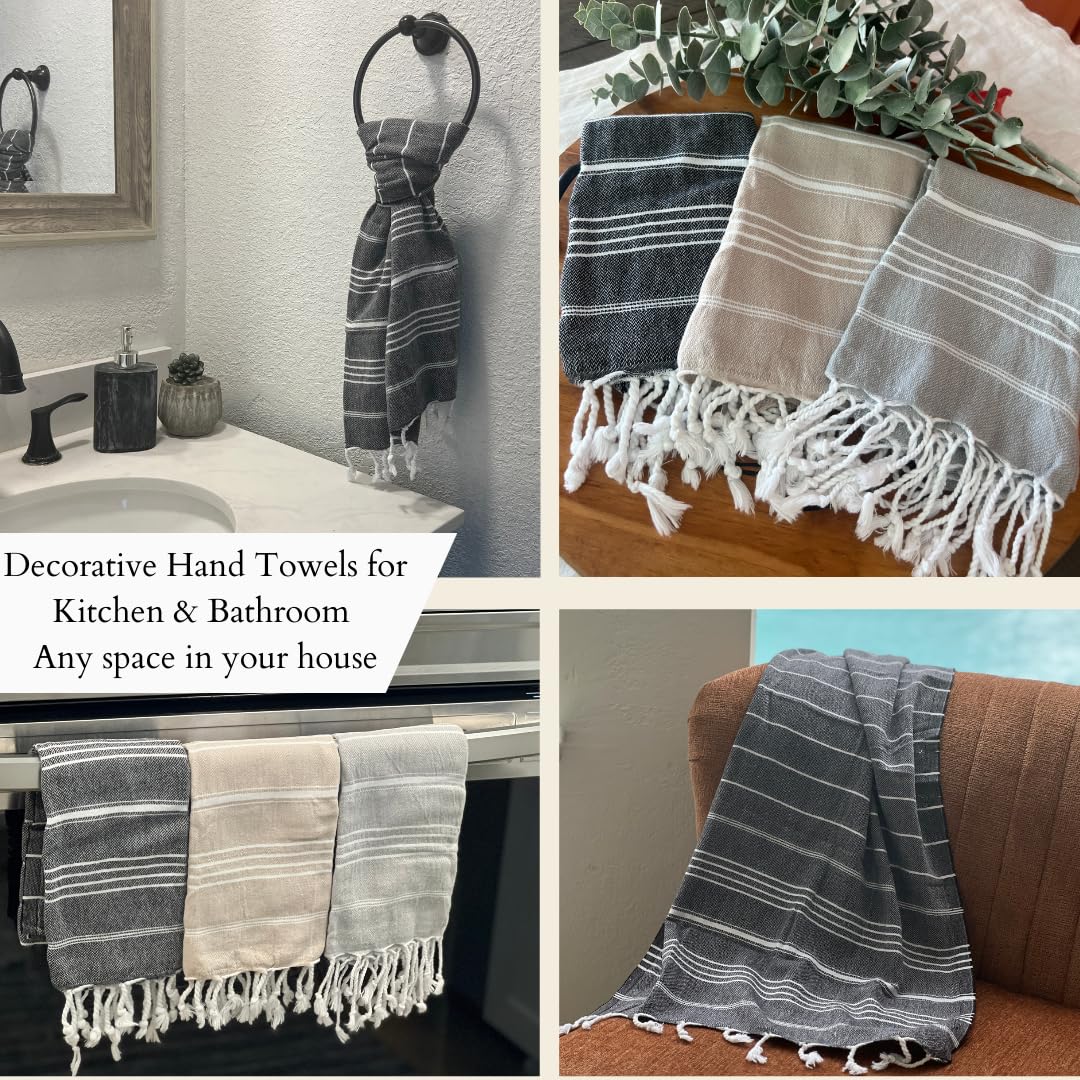 MyAprils Turkish Hand Towels for Bathroom Kitchen 100% Cotton Black Hand Towels Bathroom Decor Boho Farmhouse Rustic Quick Drying Tea Towels Dish Towel with Hanging Loop Set of 2 - Black