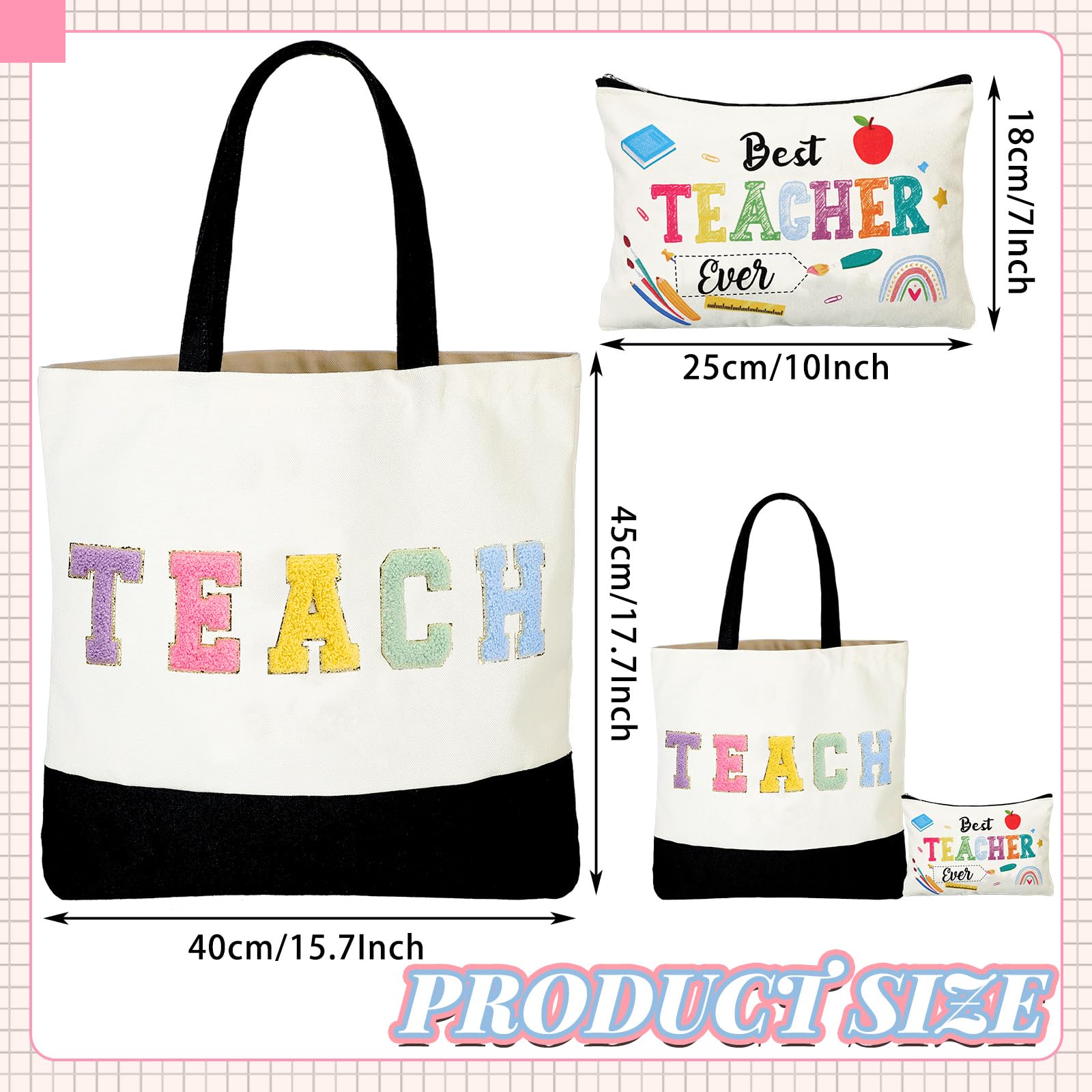 Buryeah 2 Pcs Teacher Appreciation Gift Canvas Tote Bag with Makeup Bag Thank You Teacher Tote for Women Graduation(Letter)