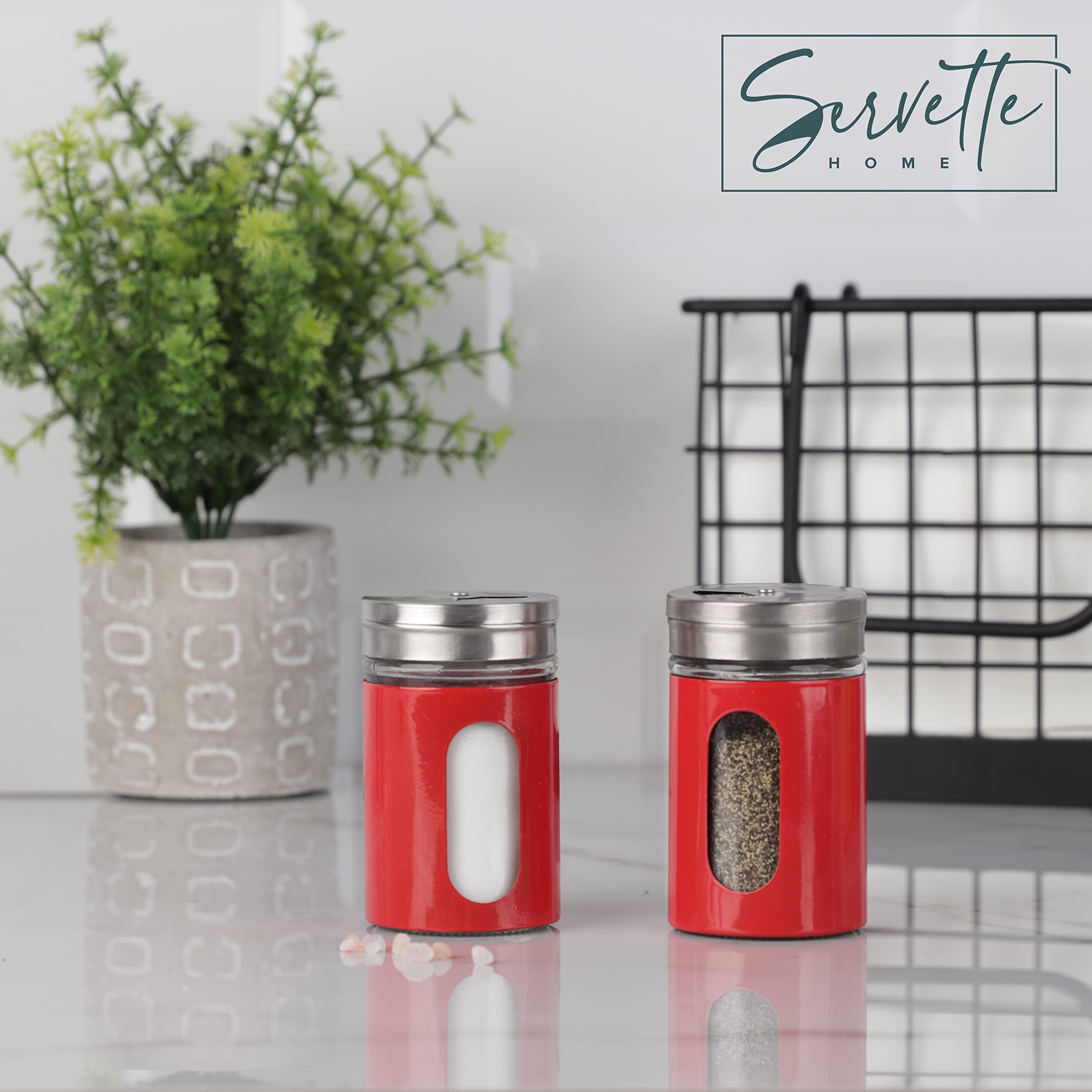 Red Salt Pepper Shakers Retro Spice Jars Glass - Set Of 2