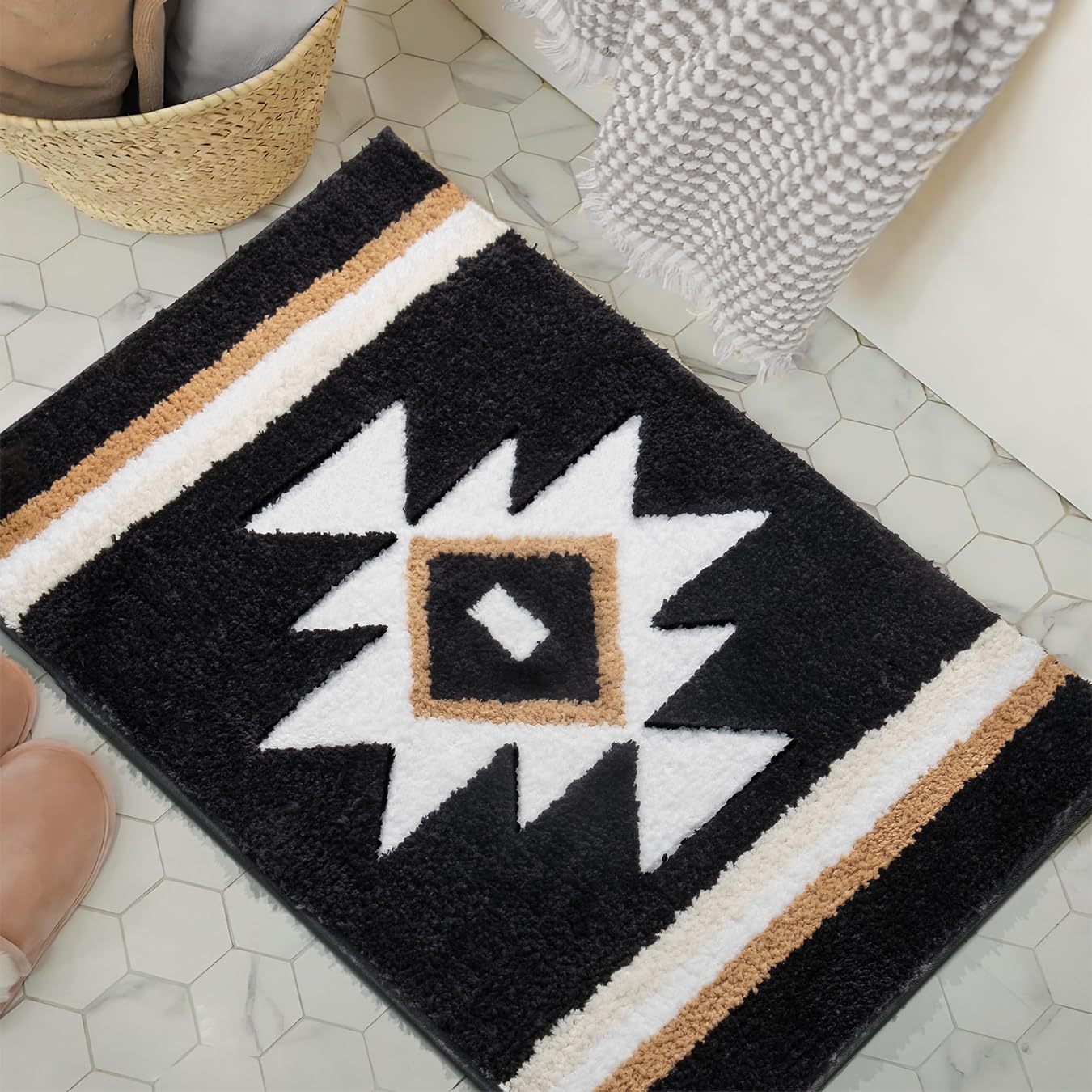 Tanvill Bathroom Rugs Boho Bath Mat Non Slip Black Aztec Bath Rug, Soft Absorbent Luxury Plush Washable Floor Carpet For Bathroo