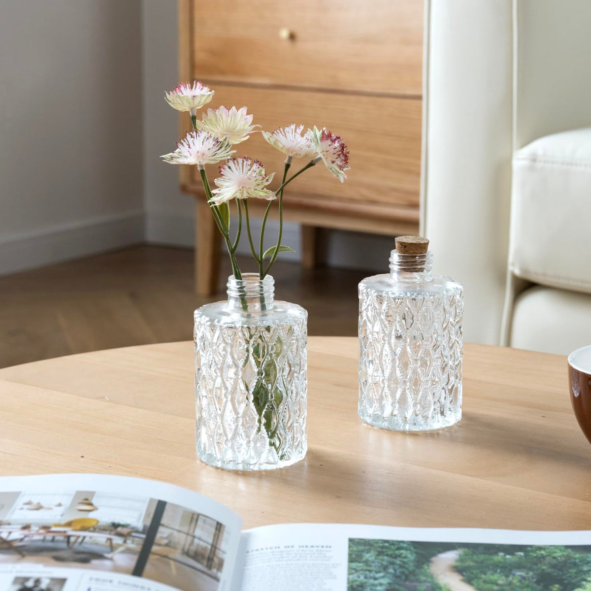 MyGift Small Clear Glass Reed Diffuser Bottles, Vintage Embossed Apoth ...
