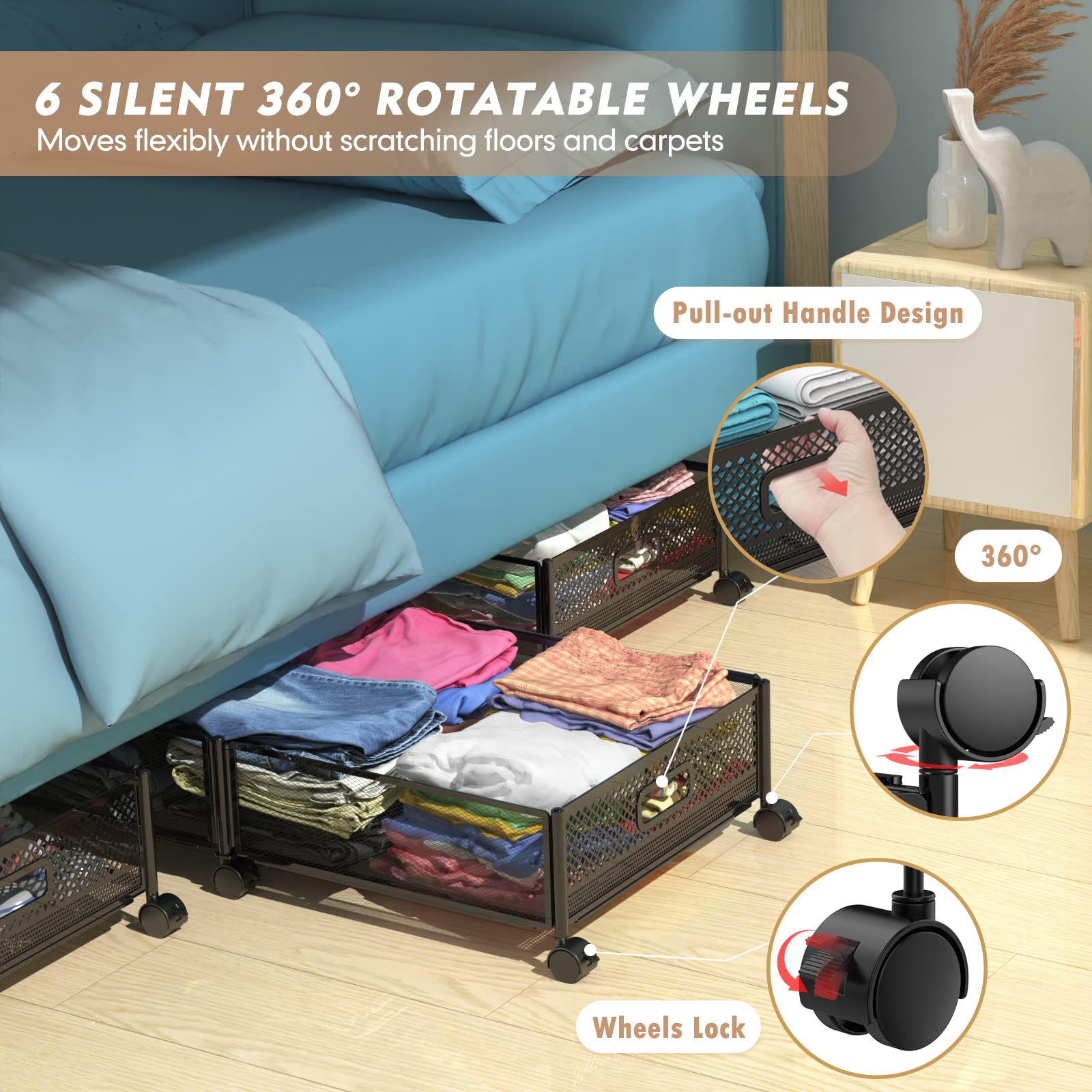 Under Bed Storage, Upgraded 31.5 inch Large Rolling Under Bed Storage with Wheels, Metal Foldable Under Bed Drawers Organizer,To