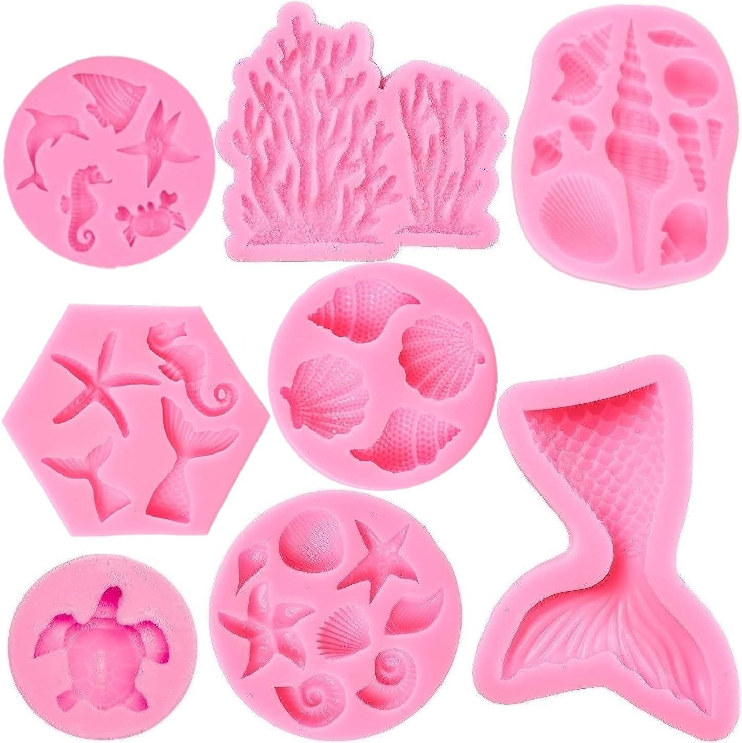 Mermaid Theme Cake Mold, Mermaid, Shell, Seaweed, Coral Silicone Mold Cupcake Toppers Mold for Candy,Chocolate,Fondant,Polymer C