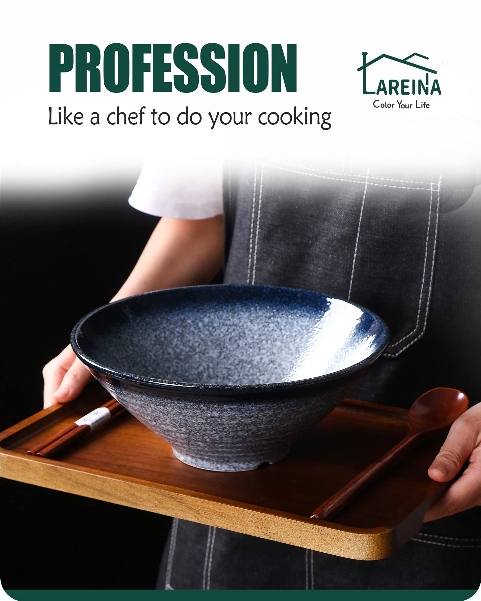 Lareina Ceramic Japanese Ramen Bowls, 2 Sets (6 Piece) 60 Ounce, Large Noodle Soup Bowl With Matching Chopsticks And Spoons For