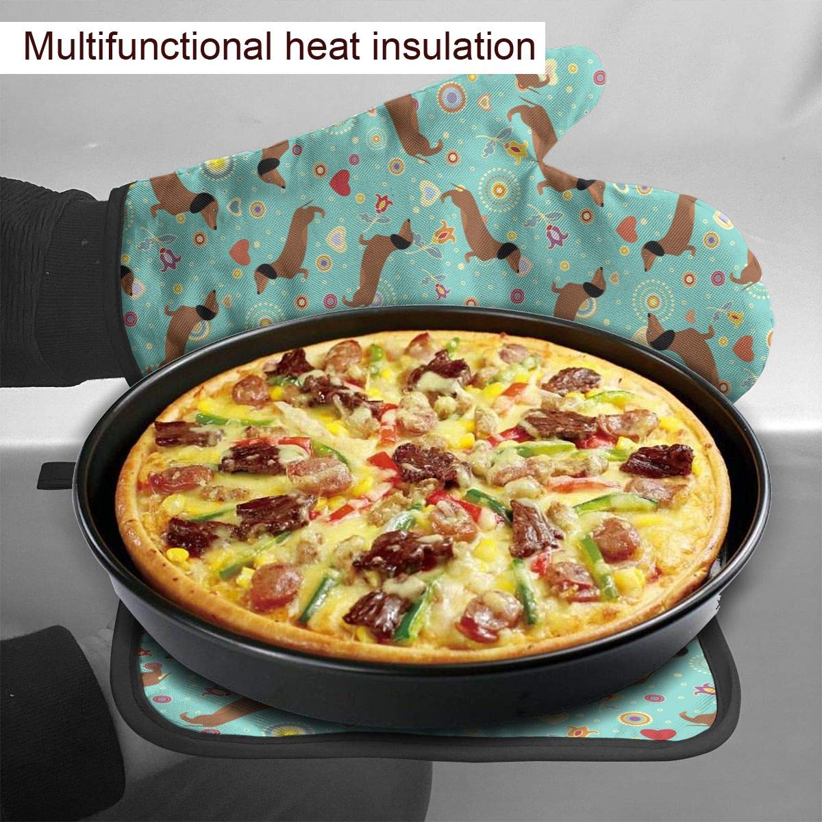 Oven Mitt And Pot Holders, 2 Piece Set, Dachshunds On Turquoise Floral Background Cotton Lining Waterproof Bbq Gloves