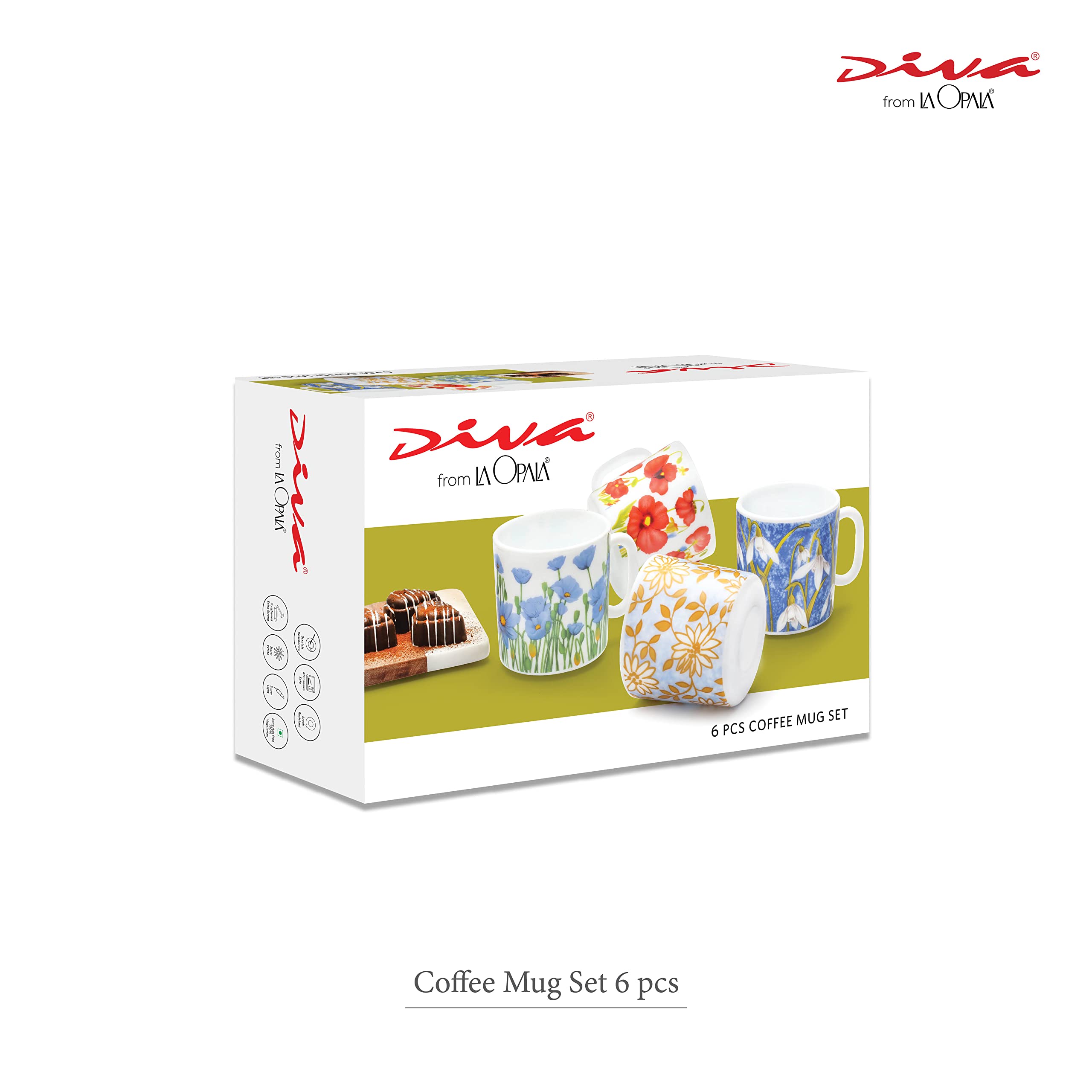 La Opala Diva, Opal Glass Coffee Mug Set Cylinder Regular 6 pcs, Autumn Shadow, White, Standard