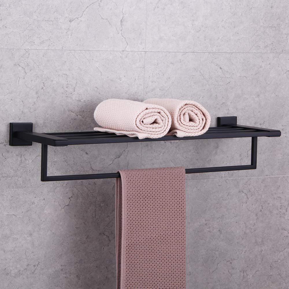 Gerzwy Towel Shelf With Towel Bar Rack Organizer For Bathroom 24-Inch Sus 304 Stainless Steel Modern Wall Mount Matte Black