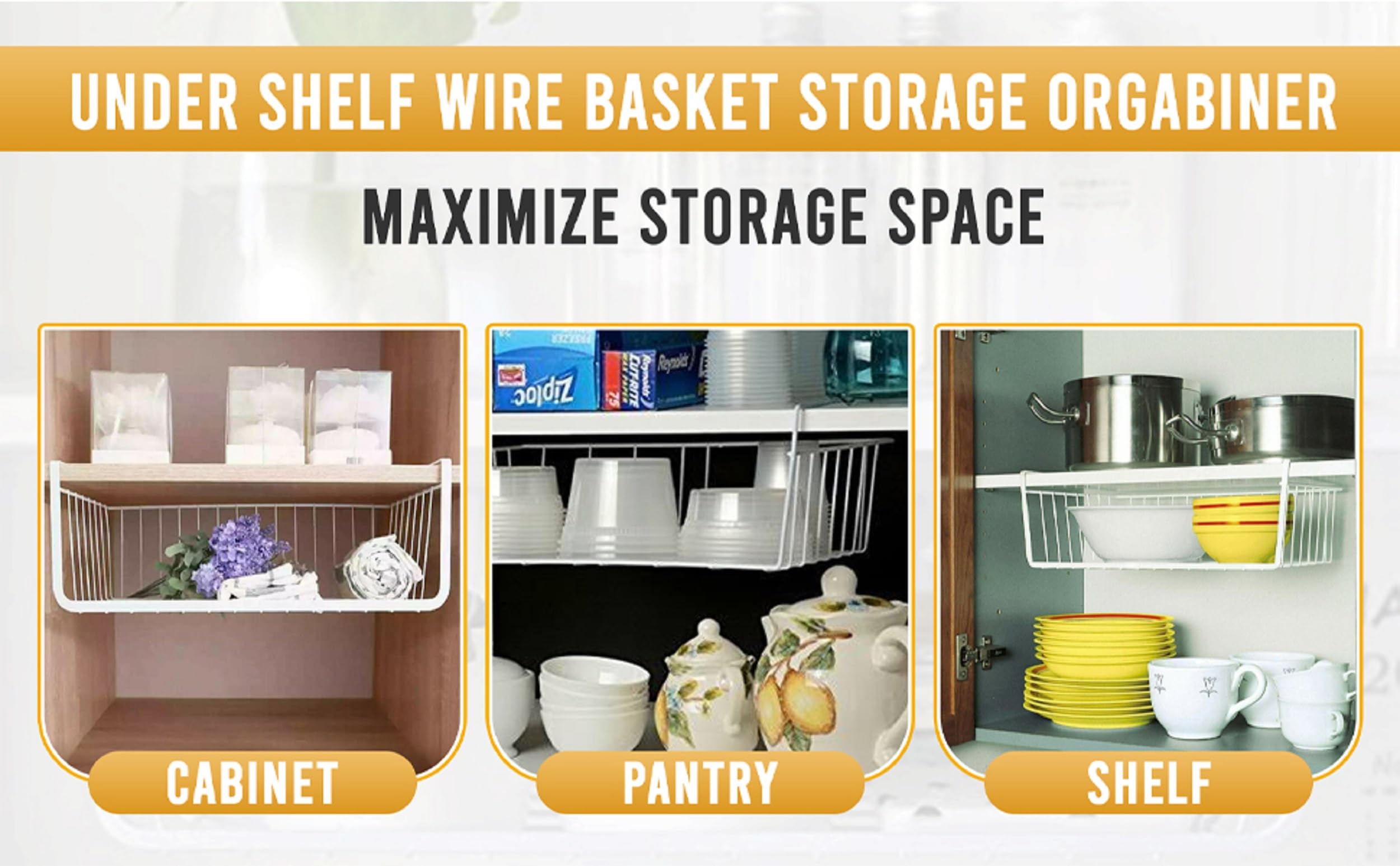 Ybm Home Under Shelf Wire Basket Storage Organizer For Kitchen Pantry - Hanging Storage Cabinet Organizer Rack Adds Extra Storag