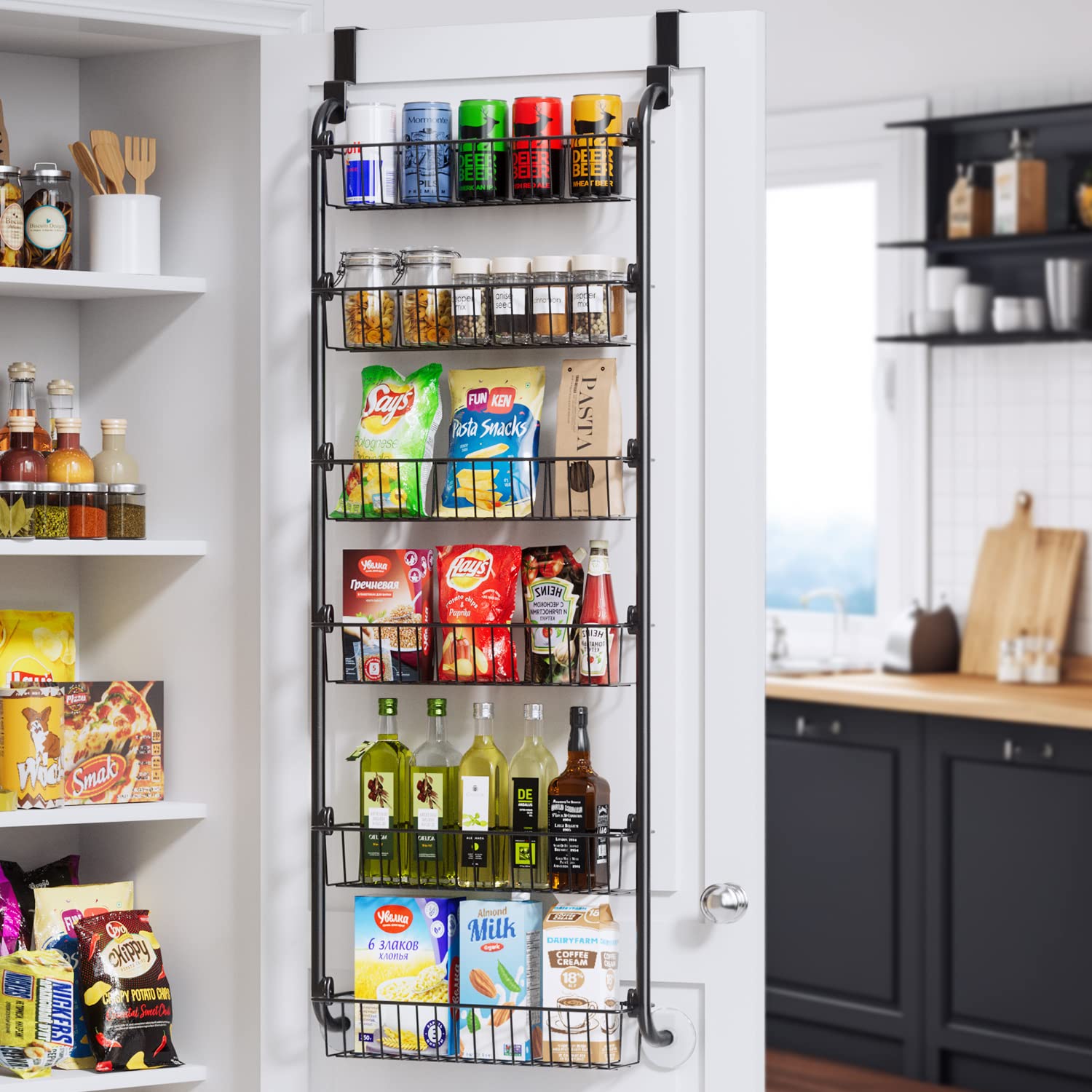 Delamu Over the Door Pantry Organizer, Metal Pantry Organizers and Storage, 6-Tier Over the Door Organizer, Pantry Door Organize