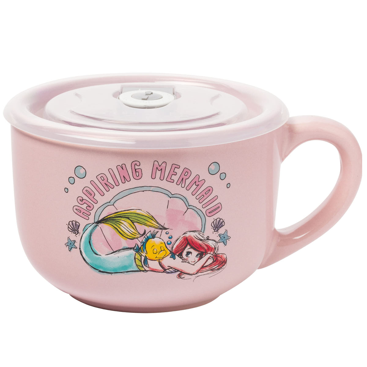 Silver Buffalo Disney Princess Little Mermaid Aspiring Mermaid Ceramic Soup Mug with Vented Plastic Lid, 24 Ounces