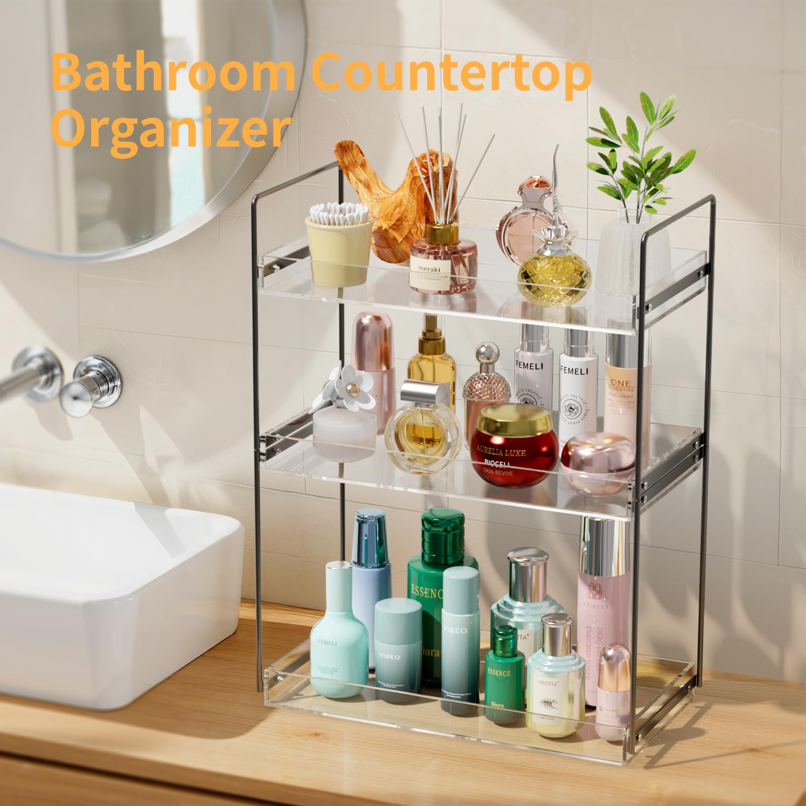 NPPLUS Bathroom Countertop Organizer  3 Tier Metal Vanity Counter Skincare Shelf  Matte Black Under Sink with Acrylic Tray  Home Storage Holder for Makeup Cosmetics Perfume Spice Black+Clear