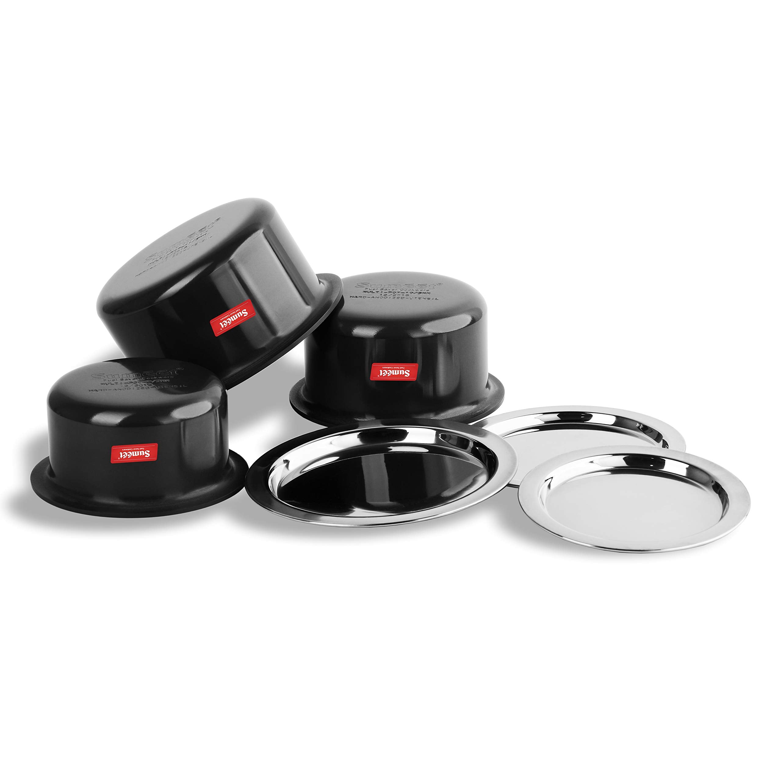 Sumeet Aluminium Cookware Set With Lid, 0.9 LTR, 1.4 LTR, 1.8 LTR, 3 Piece top, 3 piece lid (Black)