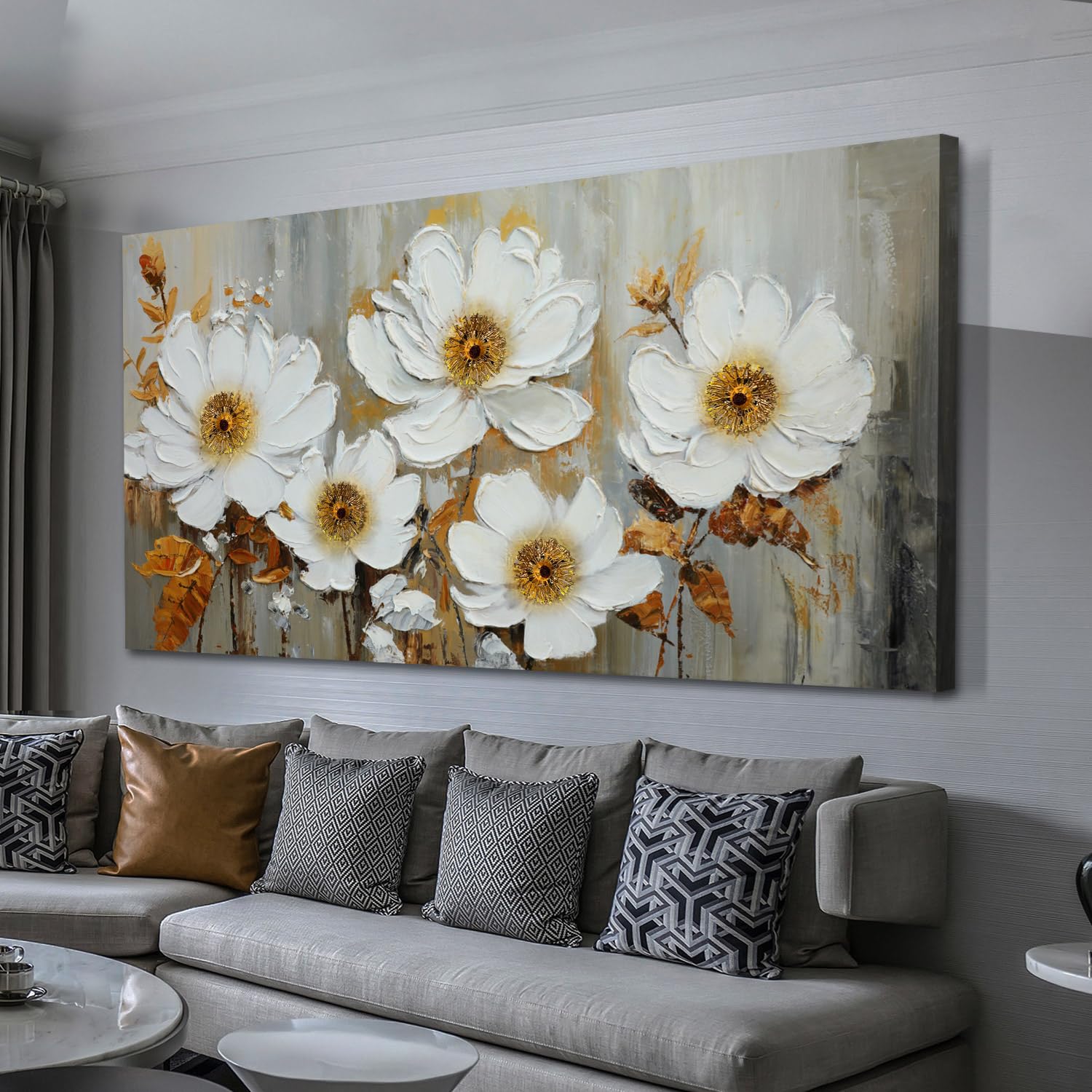 Acocifi Wall Art Flowers Abstract Canvas Painting White Flowers Textured Wrapped Canvas Artwork, Florals Picture Print For Livin