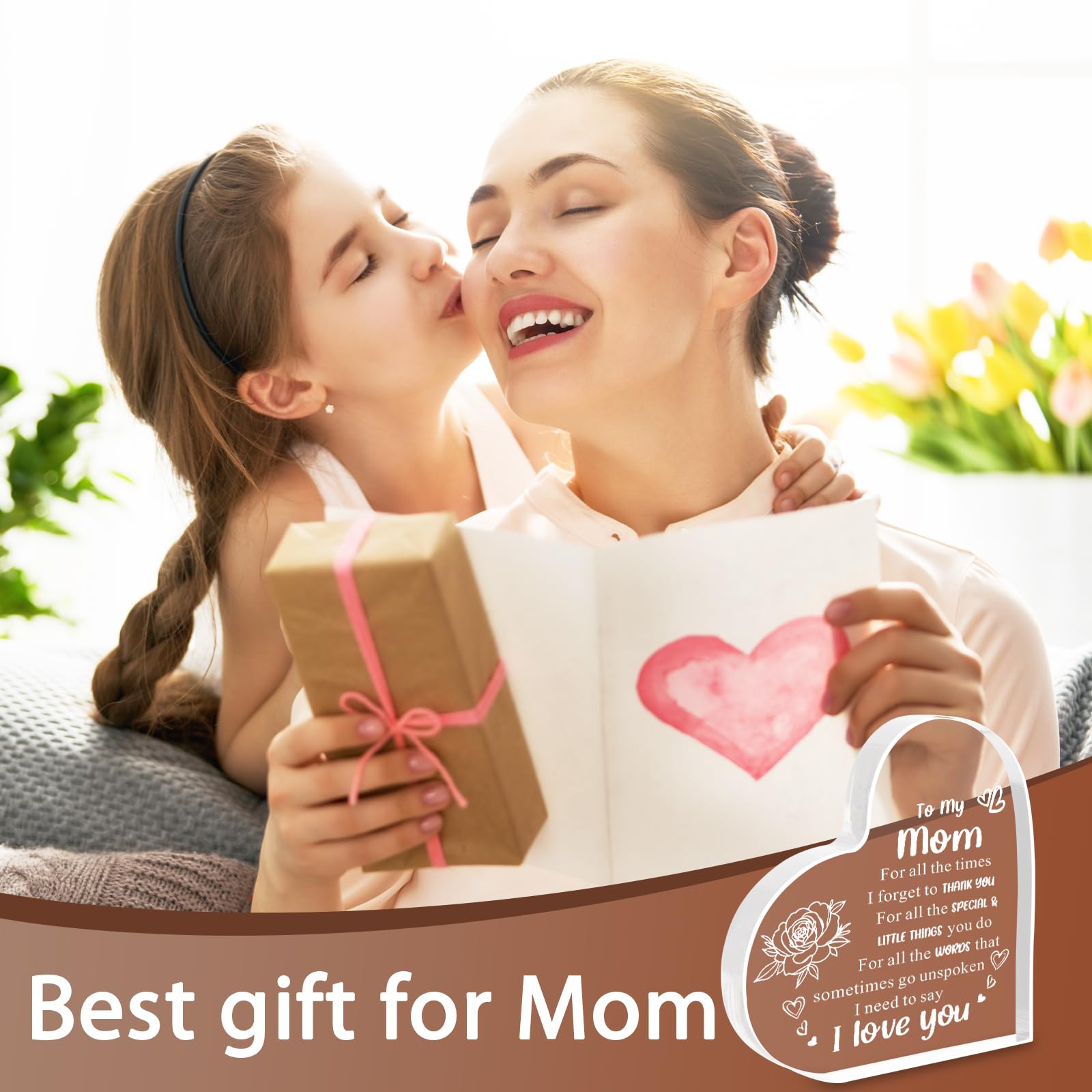 Gifts for Mom From Daughter Son, Heart Shaped Acrylic Block For Moms - I Love You Cute Mum Plaque Thanksgiving, Birthday, Christ