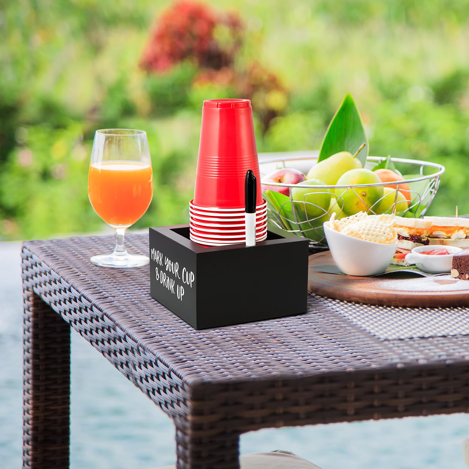 Drastar Cup Holder With Marker Slot, Mark Your Cup And Drink Up Caddy, Farmhouse Drink Holder For Party Bar, Black Wood Disposab