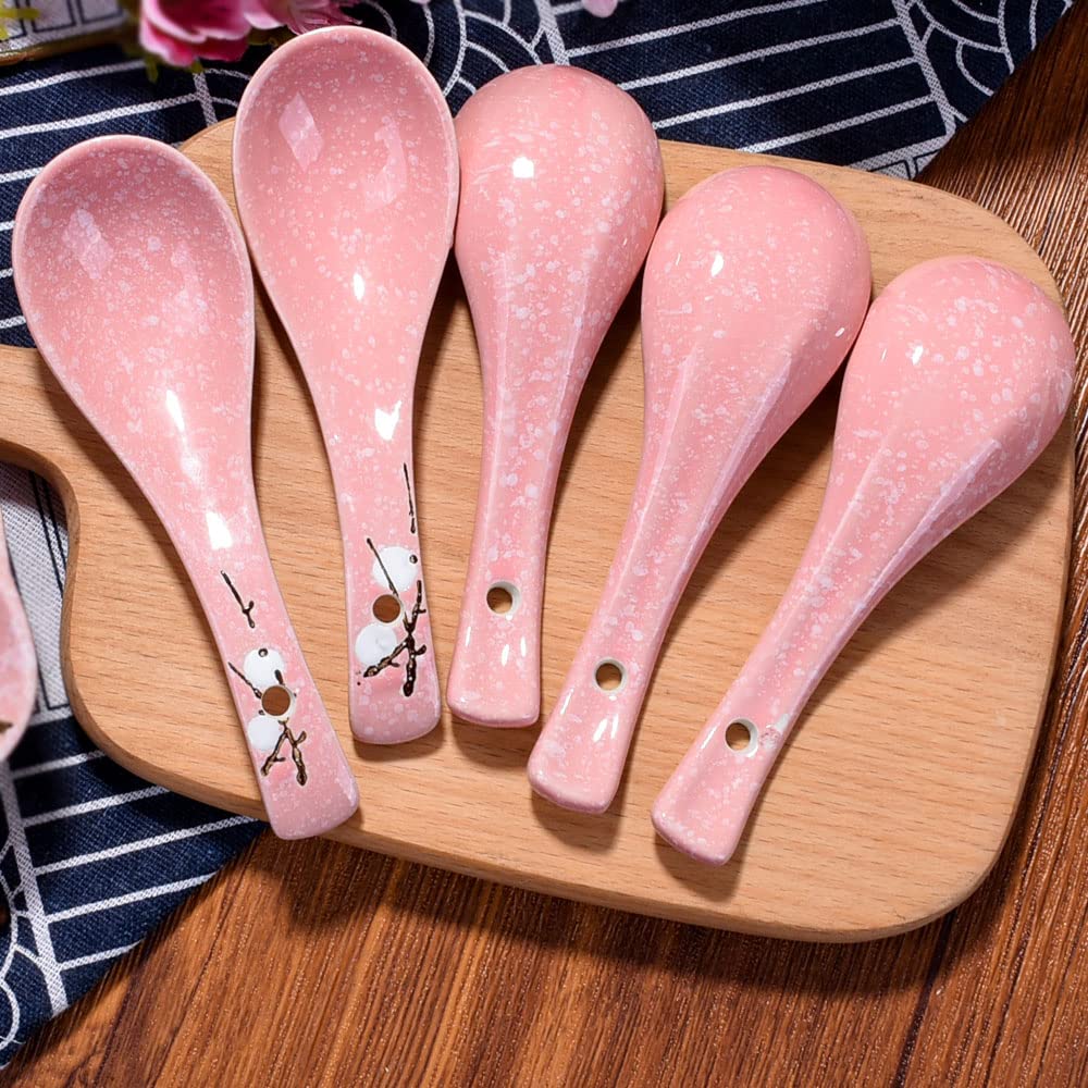 Japanese Soup Spoons Set Of 5, Pink Asian Spoon Suitable For Soup, Ramen, Pho, Gravy, Cake, Oatmeal, Chaos, Dumplings,Salad