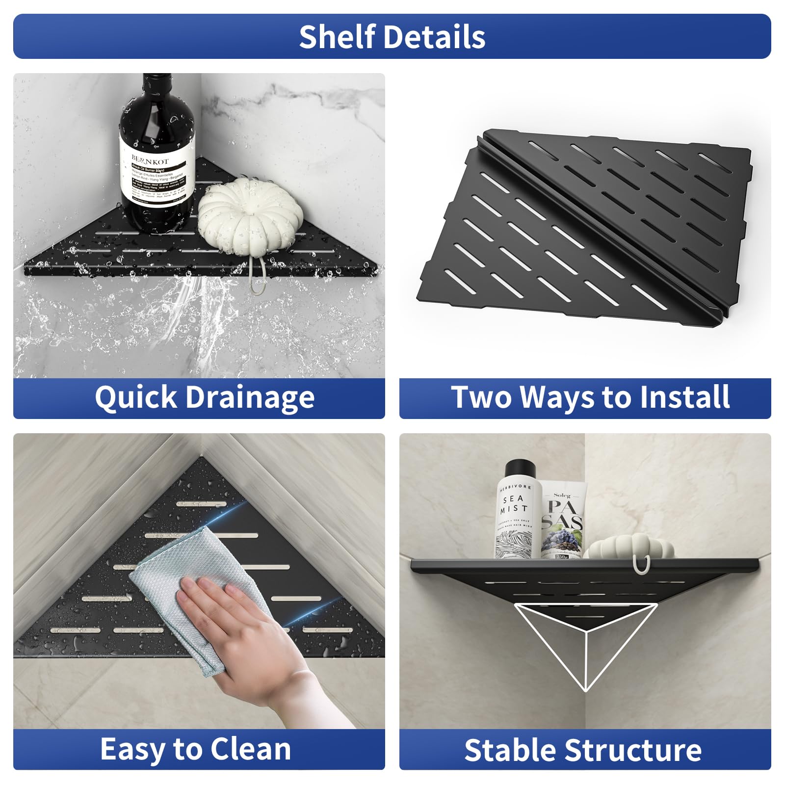 Bernkot Corner Shower Shelf 10'' Matte Black 304 Stainless Steel Slot Design Recessed Corner Shelf Bathroom Shower Shelf For Til