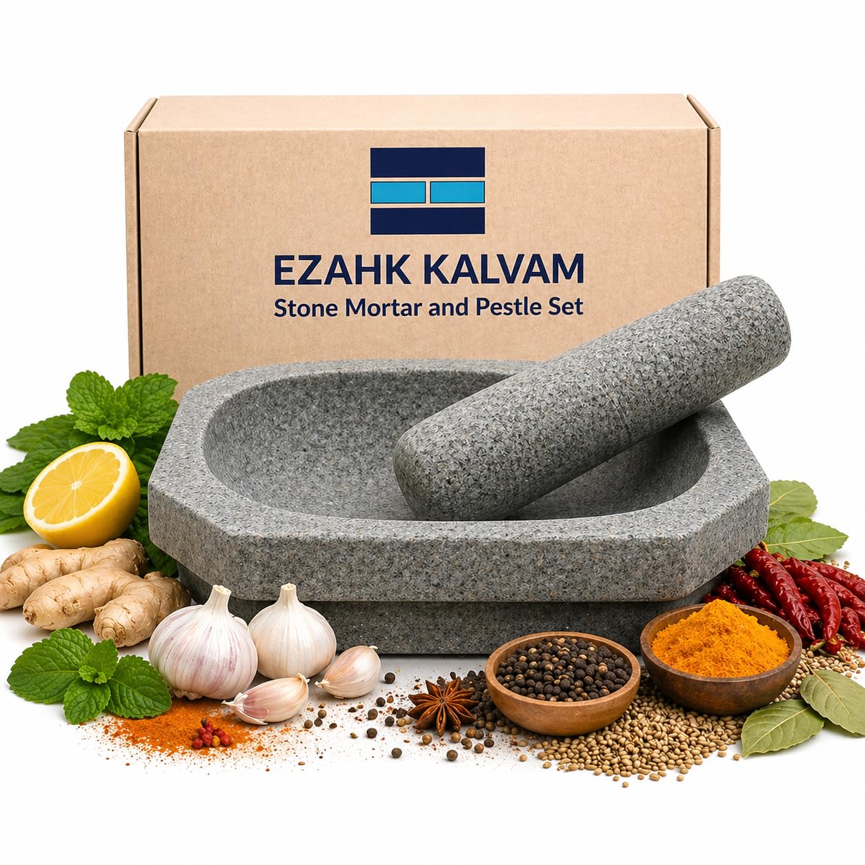 Ezahk Kalvam Stoneware Mortar And Pestle Set,Masher, Khalbatta, Kharal, Musal,For Kitchen, Home, Herbs And Spices (8 Inch Grey)